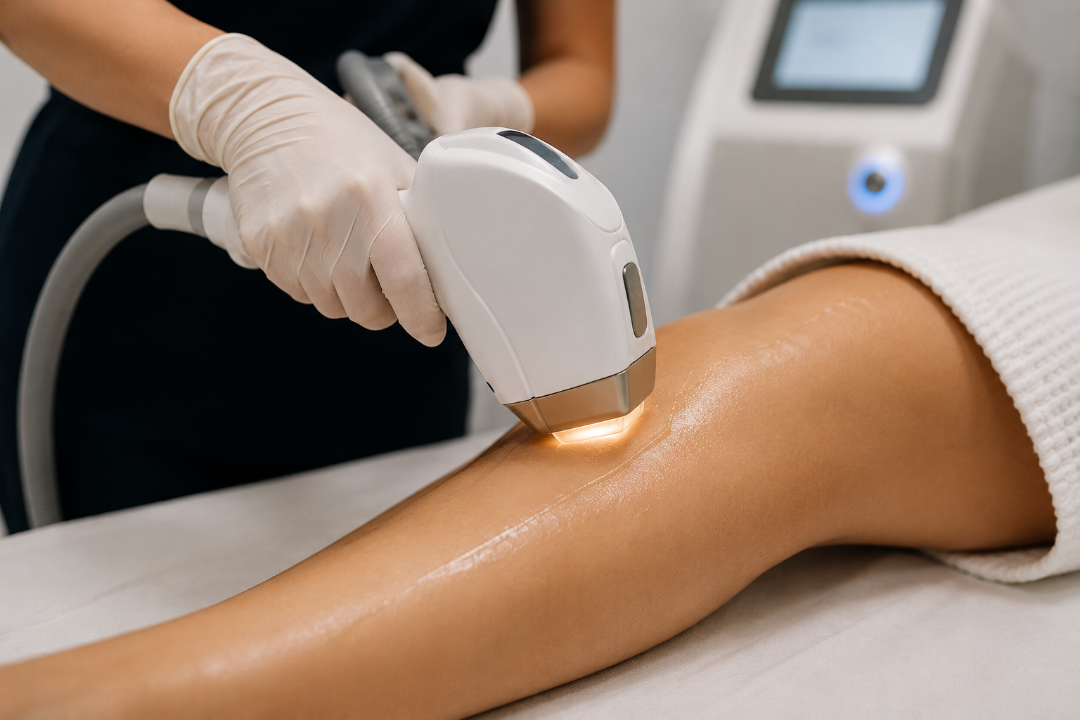 A person receiving laser hair removal on their leg in a clinic, with a technician wearing gloves operating a handheld laser device.