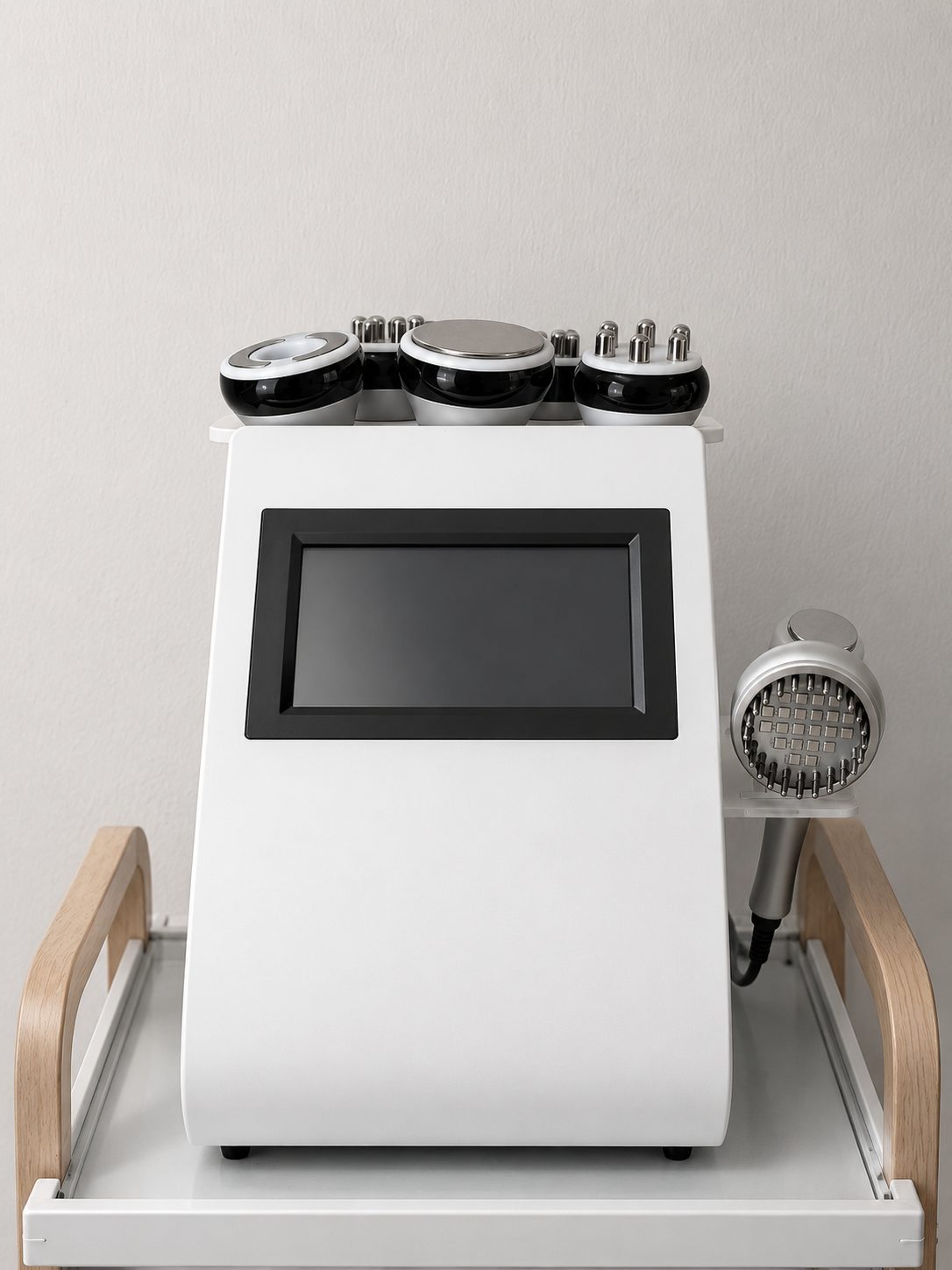 Modern medical or aesthetic device with a screen, attached to a wheeled cart, with various metallic attachments on top and to the side.