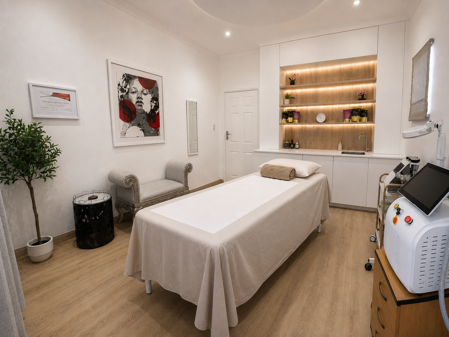 A massage room with a massage table, a beige cushion, and a proper massage sheet. The room has a potted plant, wall art, a mini sofa, and built-in shelves with plants, decor, and a clock. Equipment including a medical device with a monitor is on the right. The room has a warm, inviting atmosphere with wooden flooring and soft lighting.