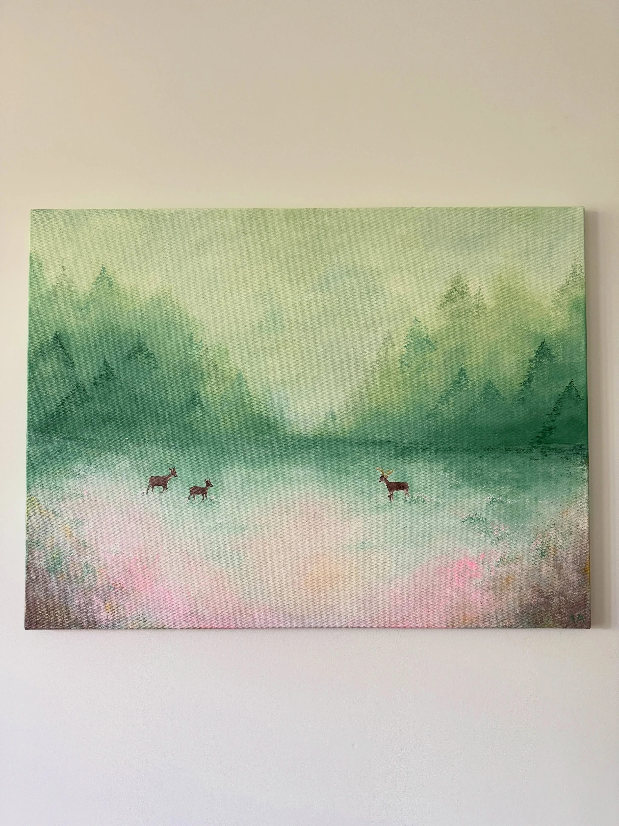Taulutilausty&ouml; &rdquo;Aamukaste&rdquo; on p&auml;&auml;ssyt uuteen kotiin✨🦌💚
.
.
.
#maalaus #taide