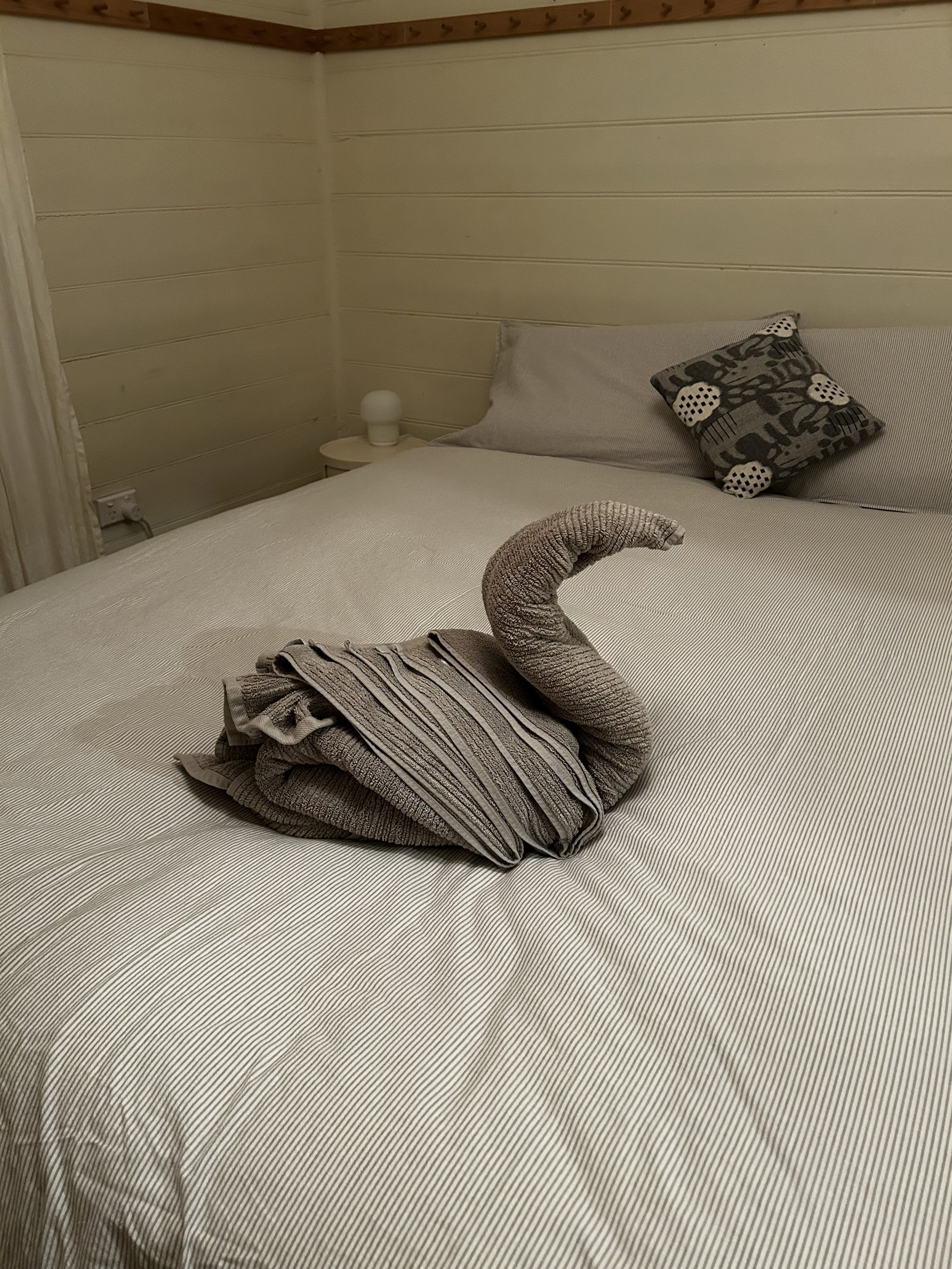 A neatly arranged bed with a towel folded into a swan shape, a striped towel on the bed, a gray pillow, and a decorative pillow with a black and white leaf pattern. A small nightstand with a rounded white lamp is visible in the corner, and the walls 