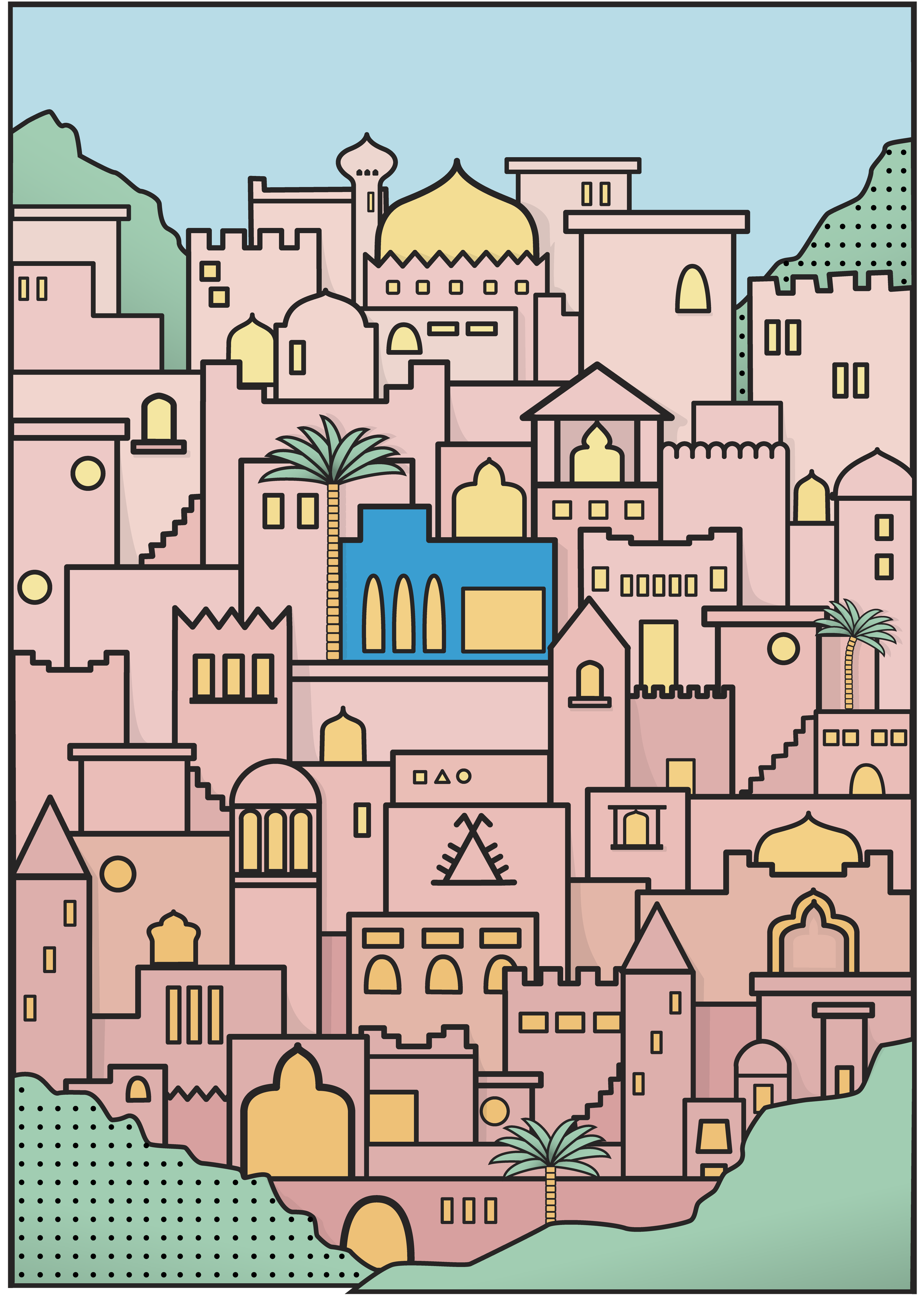 Vector art of Marrakech inspired buildings with blue Villa Majorelle in the centre