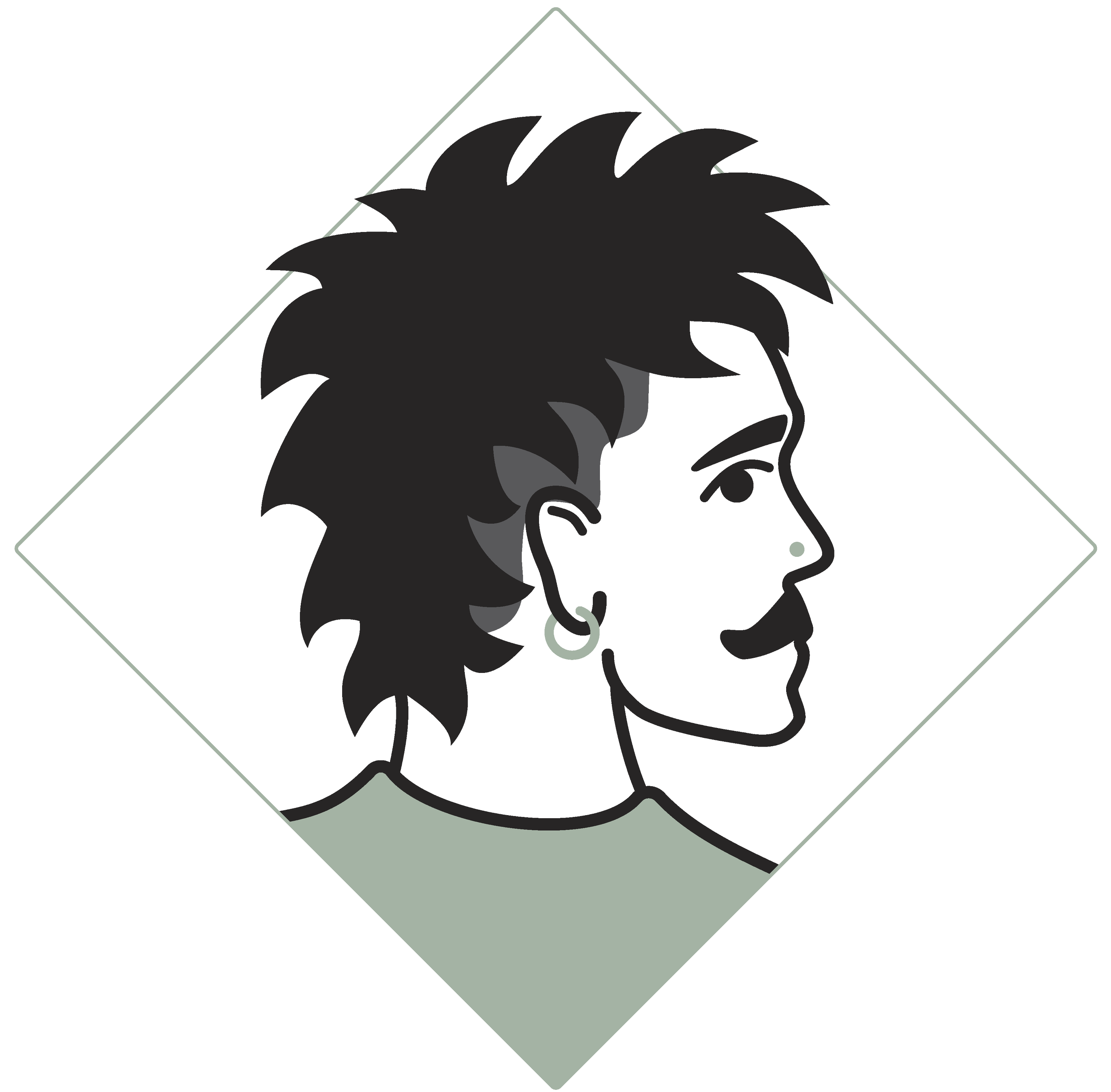 Vector line image of Garth Crouch in matte black, grey and sage green