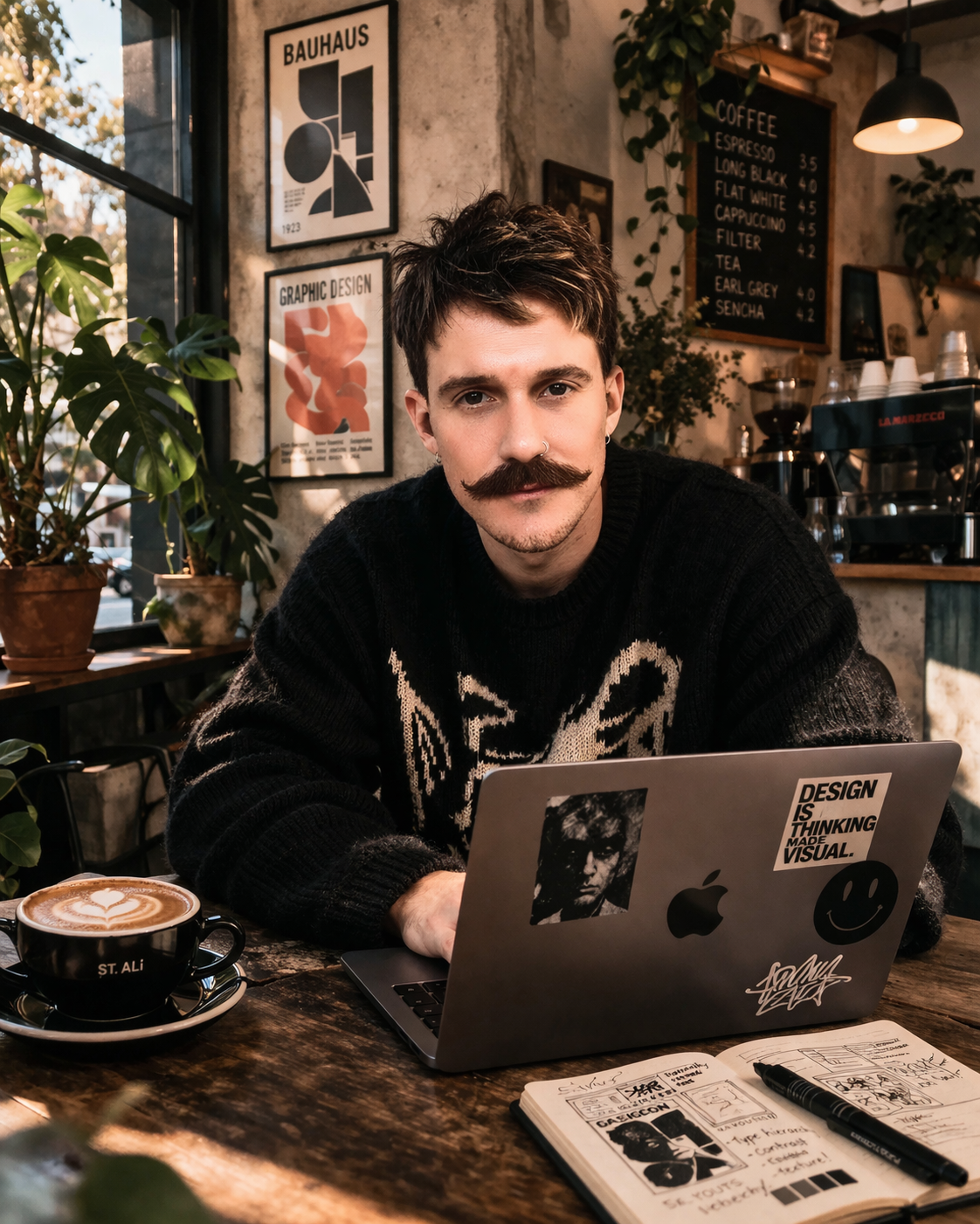 Photograph of Garth Crouch in a cafe sitting behind his laptop with a cafe latte