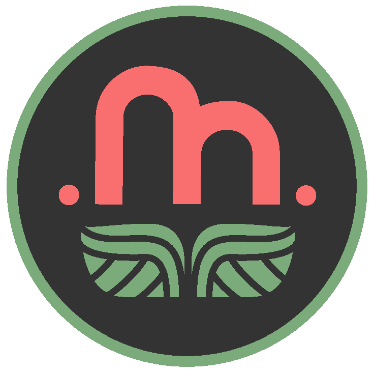 Minas Coffee Logo. Red rounded 'm' floating above two cupped green leaves inside a matte black circle with green outline