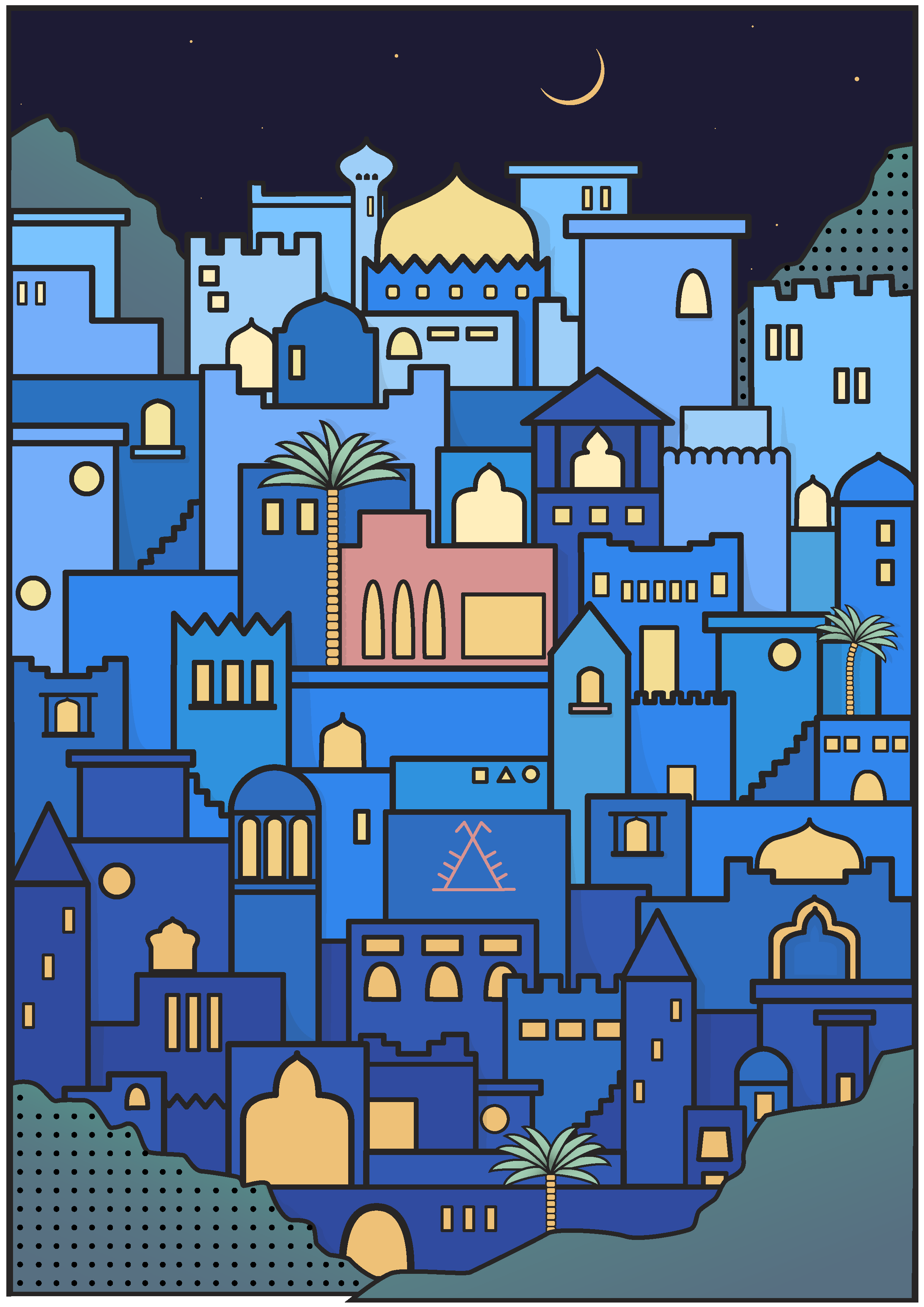 Night time view (inverted colours) of Marrakech inspired buildings