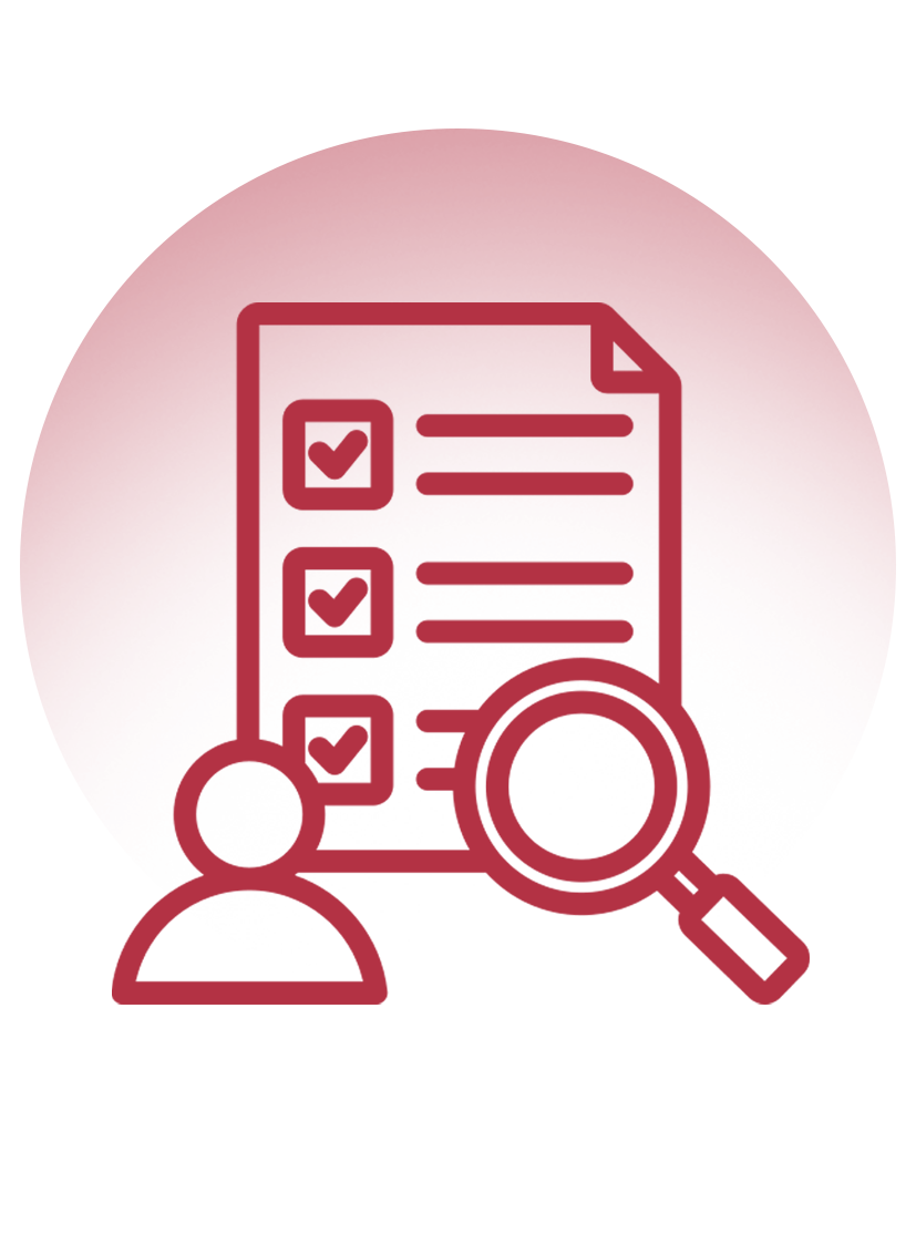 Icon of a person, a magnifying glass, and a globe or planet.