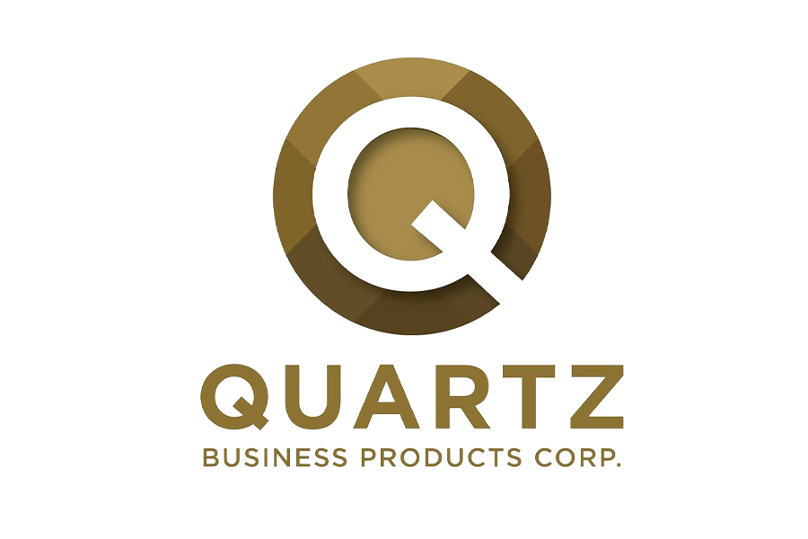 A logo featuring a large stylized letter Q with a copper color, and the word QUARTZ in bold copper-colored letters below it. Underneath, smaller text reads BUSINESS PRODUCTS CORP.