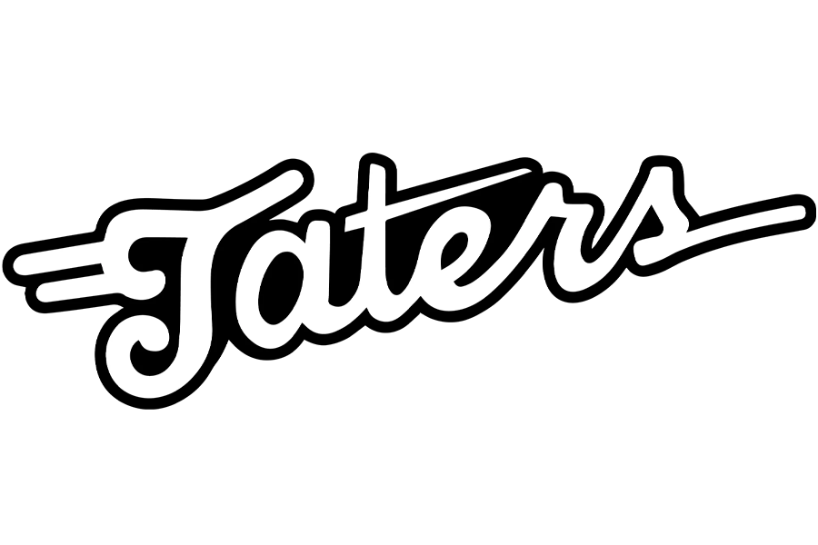 White cursive text spelling 'Taters' on a black background.