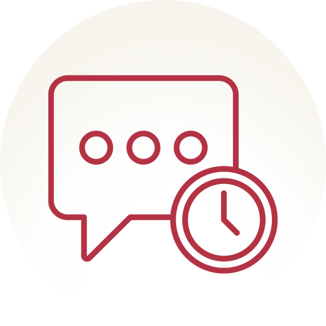 Speech bubble with three dots and a clock icon, indicating a timed or scheduled message or conversation. The Global
Response Deficit iconn.