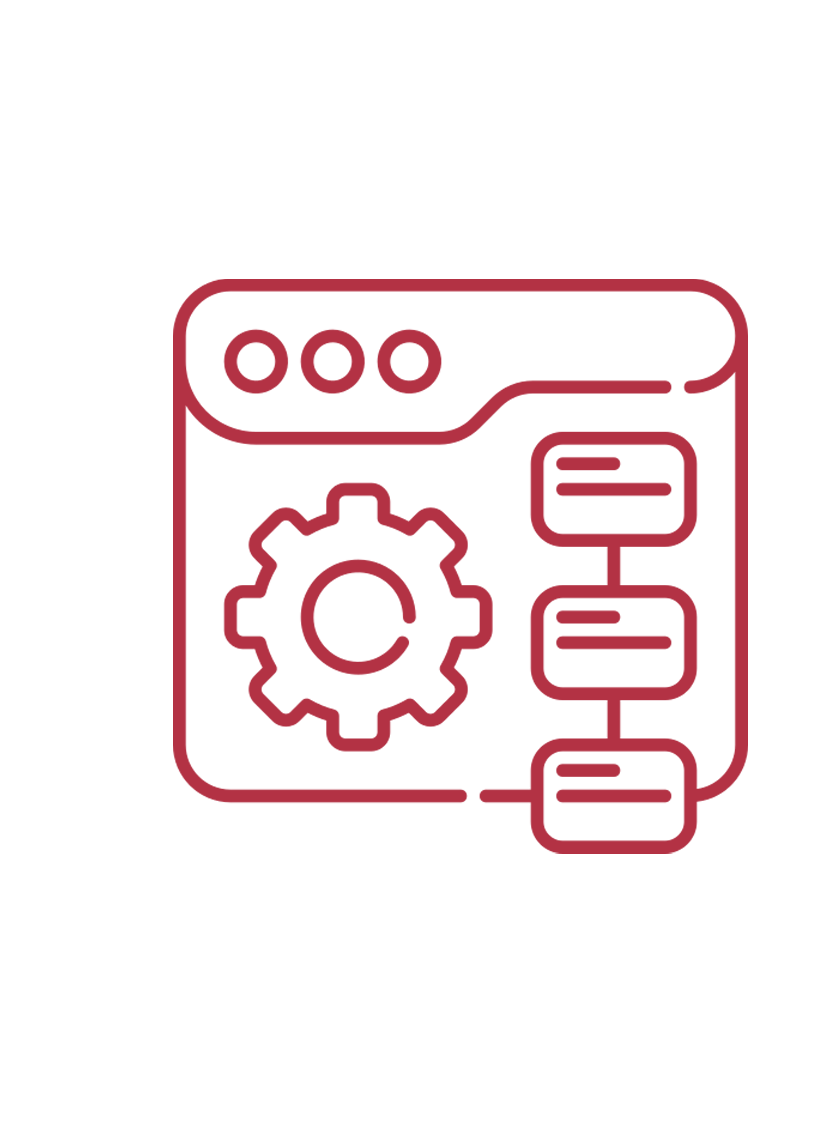 Outline icon of a computer window with a gear symbol and a flowchart diagram inside.
