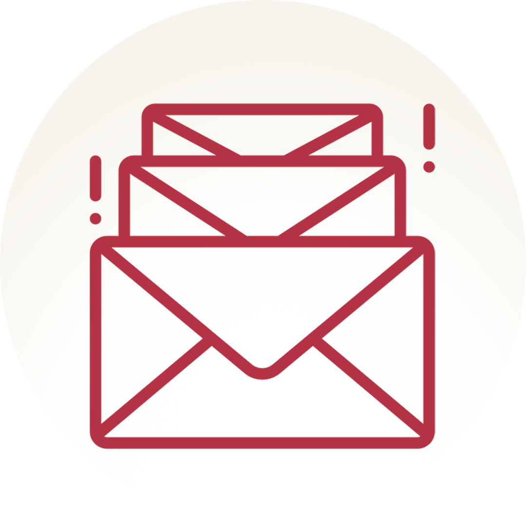 Three stacked envelopes with exclamation marks beside them. The Operational Drain icon.