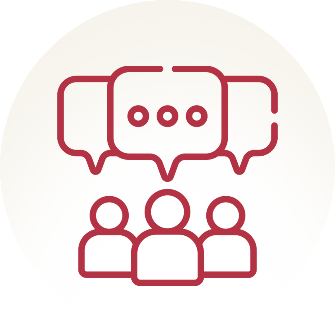 Line drawing of three speech bubbles above three figures, representing communication or discussion. The Non-Stop Consumer Icon