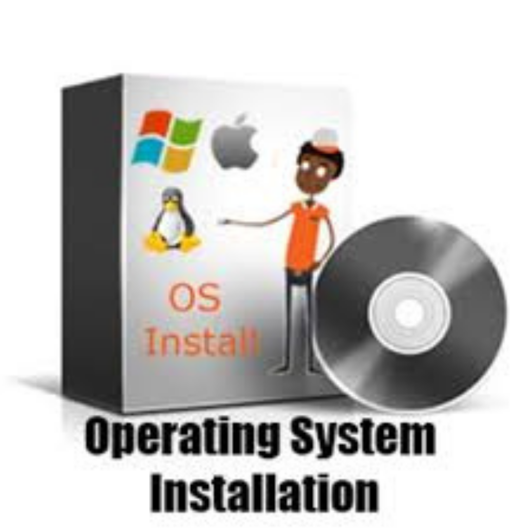 Illustration of a computer software package titled "OS Install" with a cartoon character standing next to it, pointing at the package. The package has logos of Windows, Apple, Linux, and other operating systems, along with a CD and text reading "Operating System Installation".