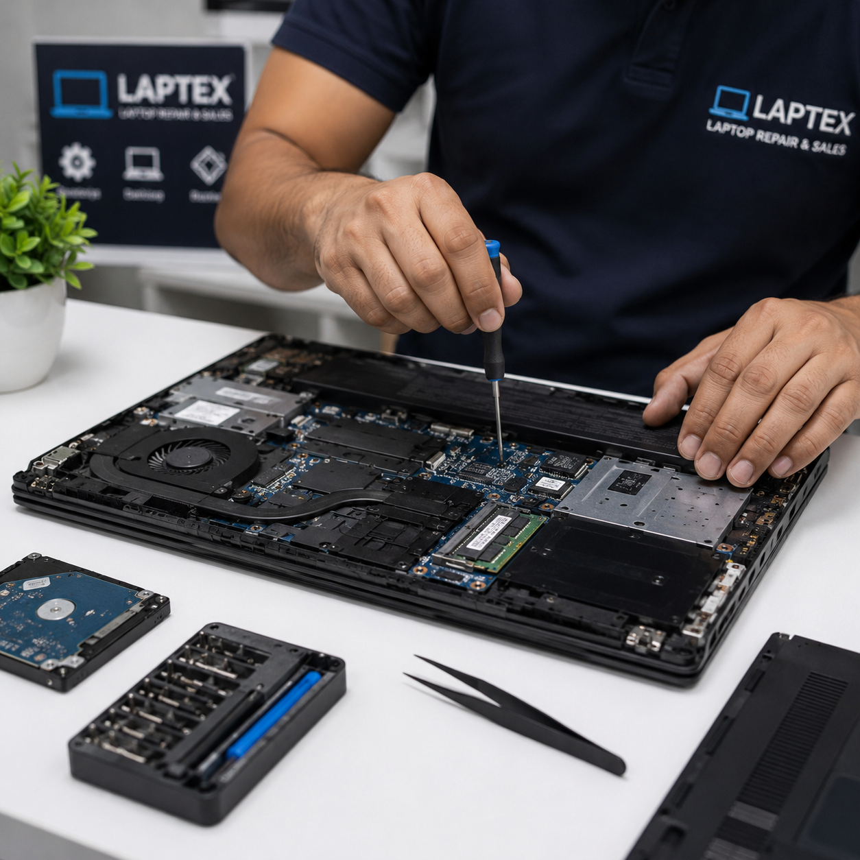 A technician repairing a laptop by using a screwdriver, with the laptop's internal components visible on the work surface.