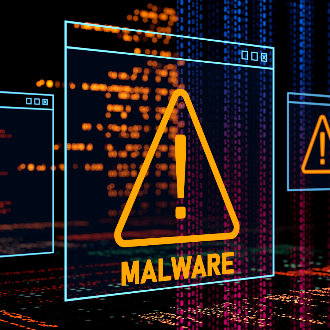 Digital graphics with warning icons and the word 'MALWARE' indicating computer security alert about malicious software.