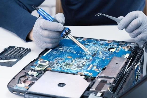 Technician in gloves repairing a laptop's blue circuit board with a soldering iron.