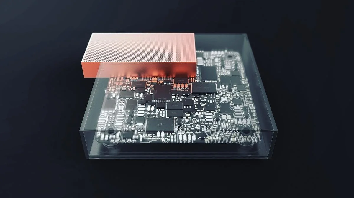 Close-up of a transparent enclosure with a circuit board inside and a metallic heatsink on top, set against a black background.
