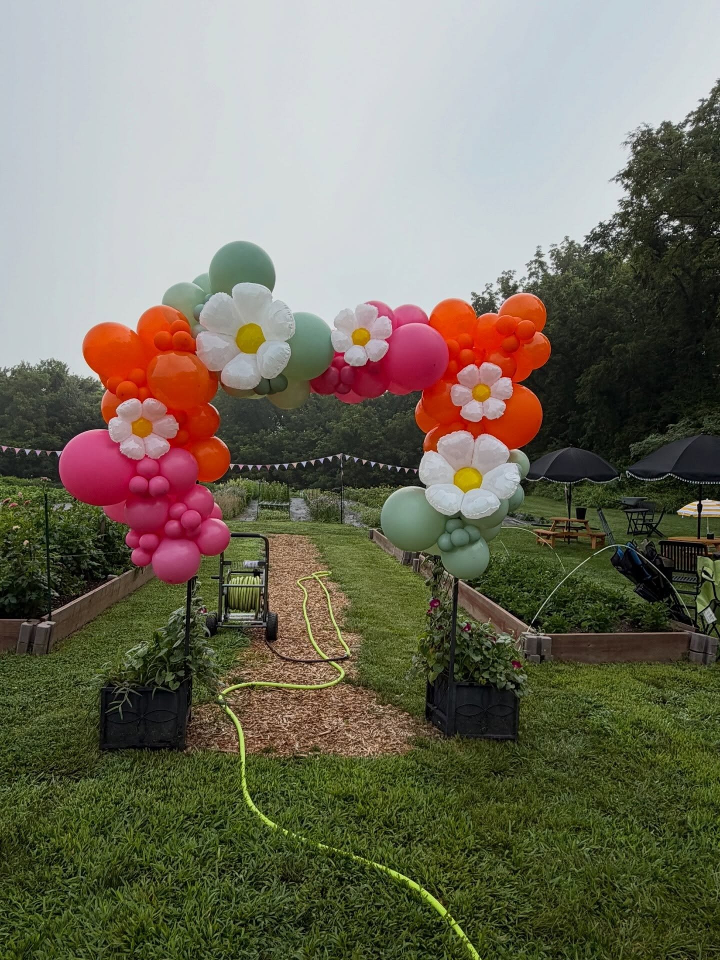 Colorful balloon arch with orange, pink, green, and white balloons, some shaped like flowers, in a garden setting with a gravel path, umbrellas, and picnic tables.