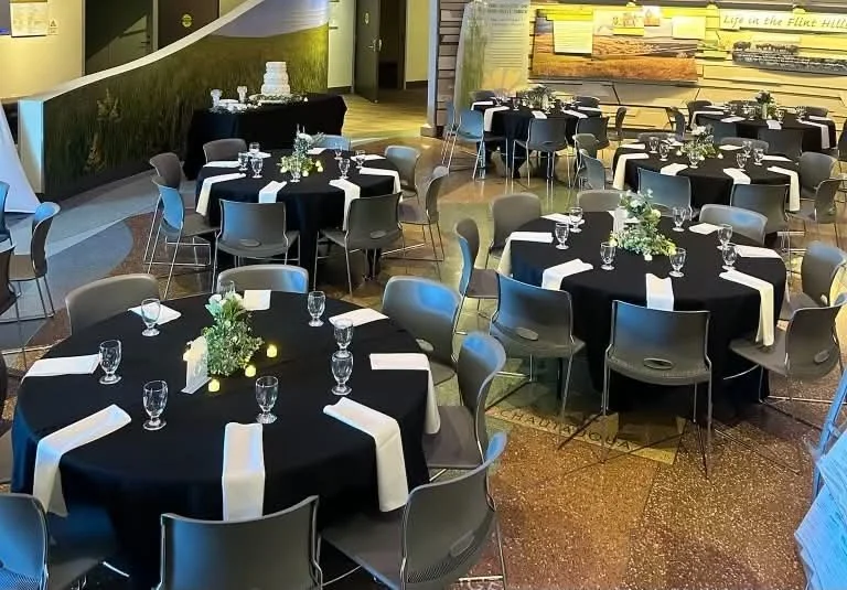 Indoor banquet hall set up with round tables covered with black tablecloths, each decorated with white napkins, wine glasses, and green floral centerpieces.