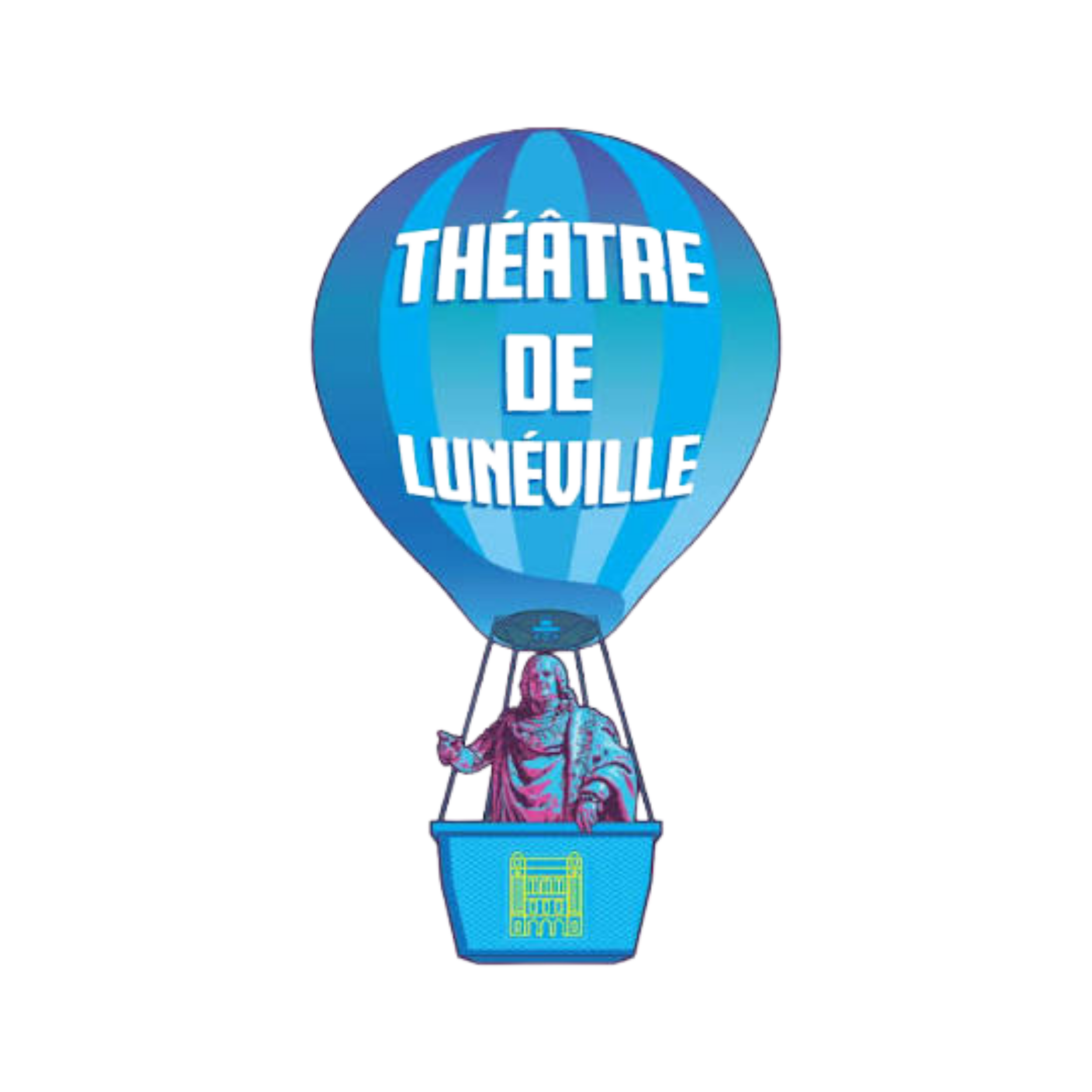 Un ballon représentant une boule bleue avec l'inscription 'THEATRE DE LUNEVILLE' en lettres multicolores et un enfant assis en dessous du ballon.