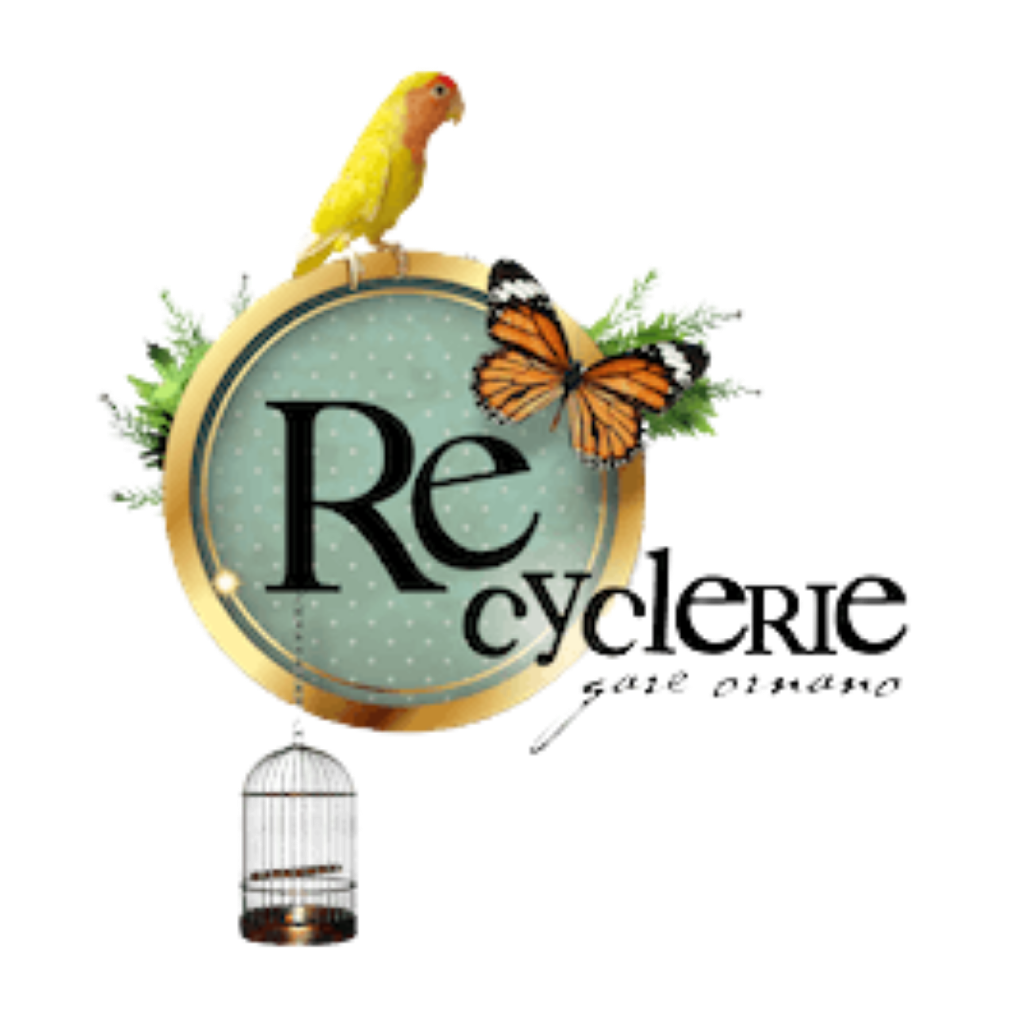 Une décoration contenant un oiseau jaune, une illustration de papillon et un motif de cercle avec le texte 'Ré'.