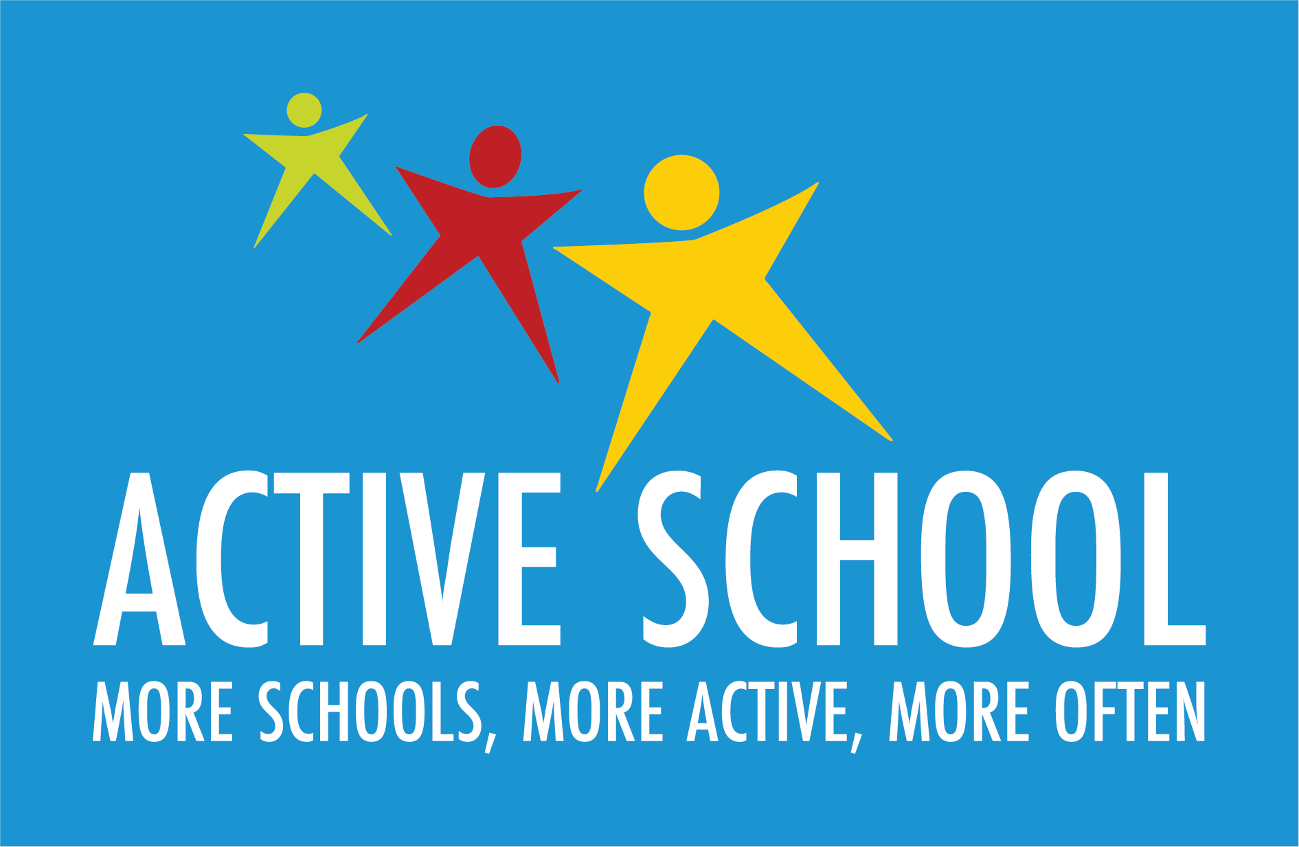 Logo for Active School featuring three stylized human figures in green, red, and yellow, jumping, with the text "ACTIVE SCHOOL" and the slogan "More Schools, More Active, More Often" below.