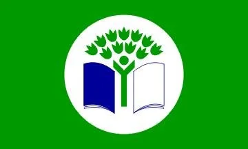 Green flag with a white circle in the center, containing a tree and an open book.