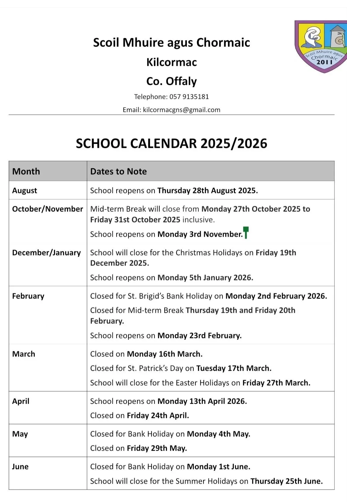 School calendar for the academic year 2025/2026 from Scoil Mhuire agus Chormaic, Kilcormac, Co. Offaly, listing school reopening dates, holidays, and breaks with a school crest in the top right corner.
