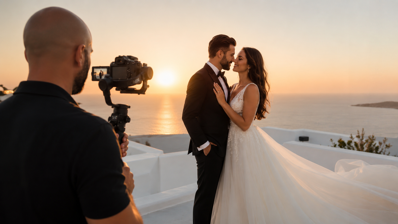 Wedding videographer filming couple at sunset in Cyprus — cinematic wedding film by Pietro and Tarsi