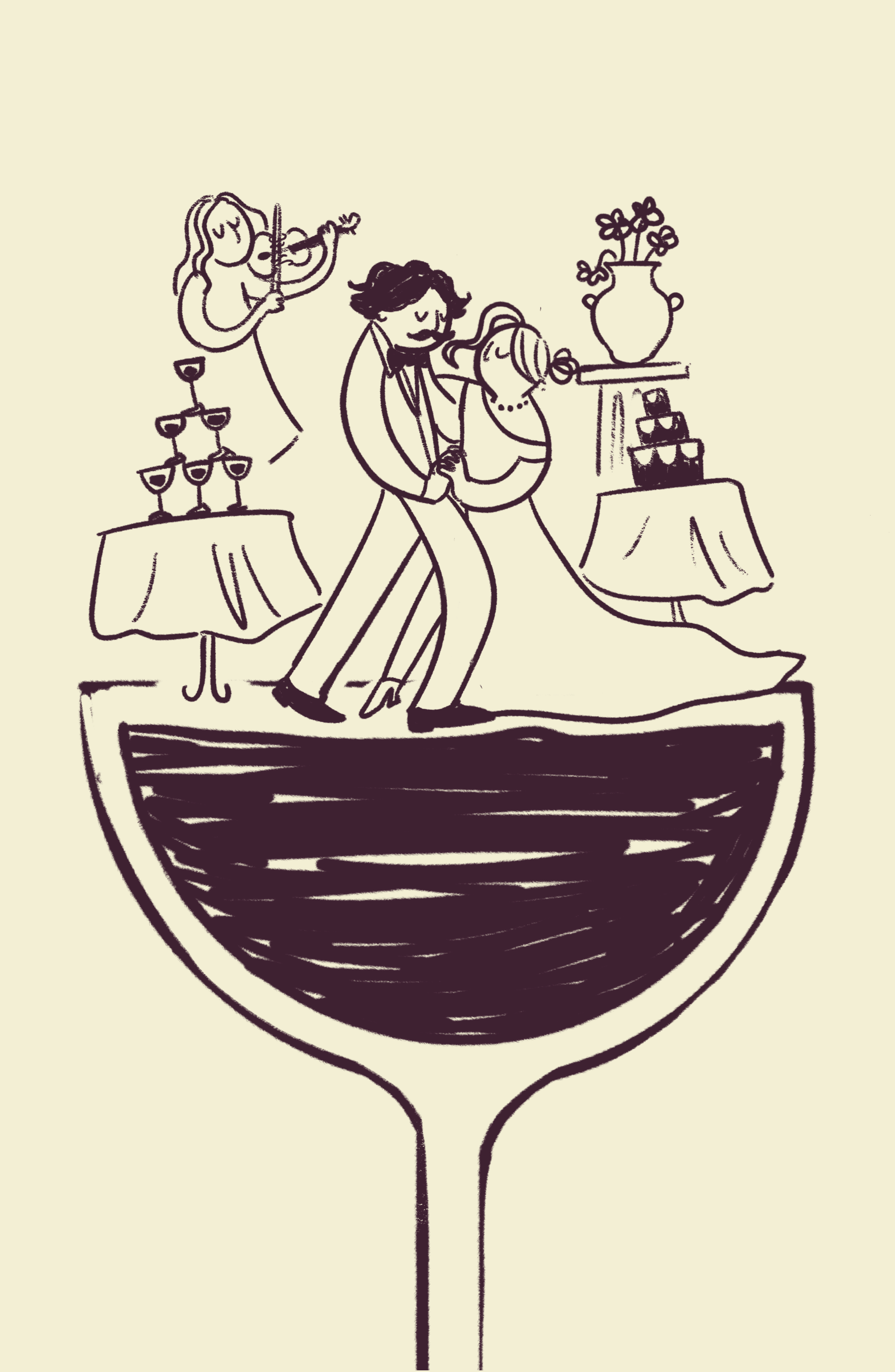 A line drawing of people celebrating their wedding on a wine glass-shaped stage with tables holding champagne glasses, a flower vase, and a tiered cake.
