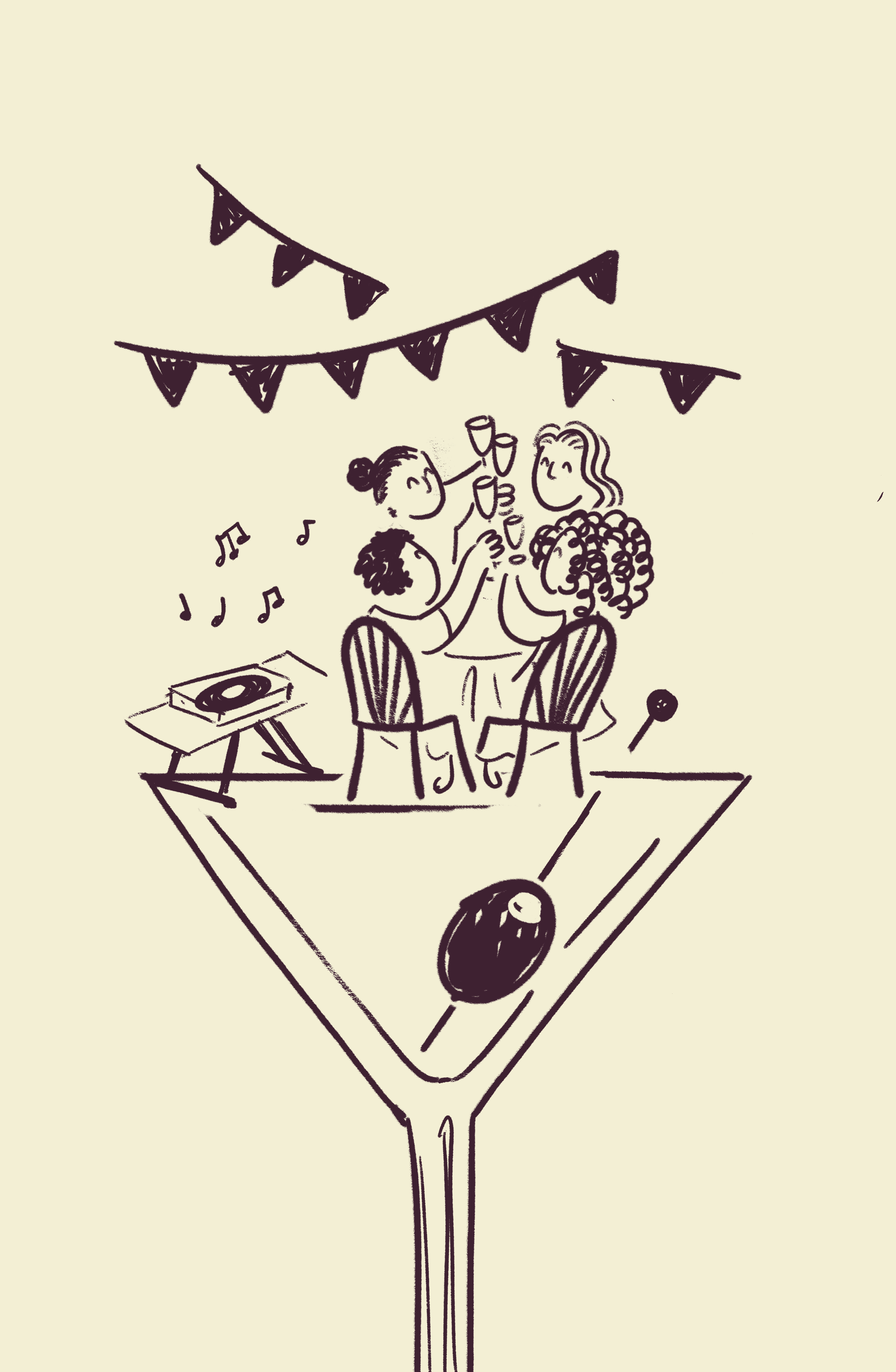 Drawing of four women celebrating with drinks at a party, decorated with hanging pennant banners, a turntable on a small table, and a large cocktail glass in the foreground.