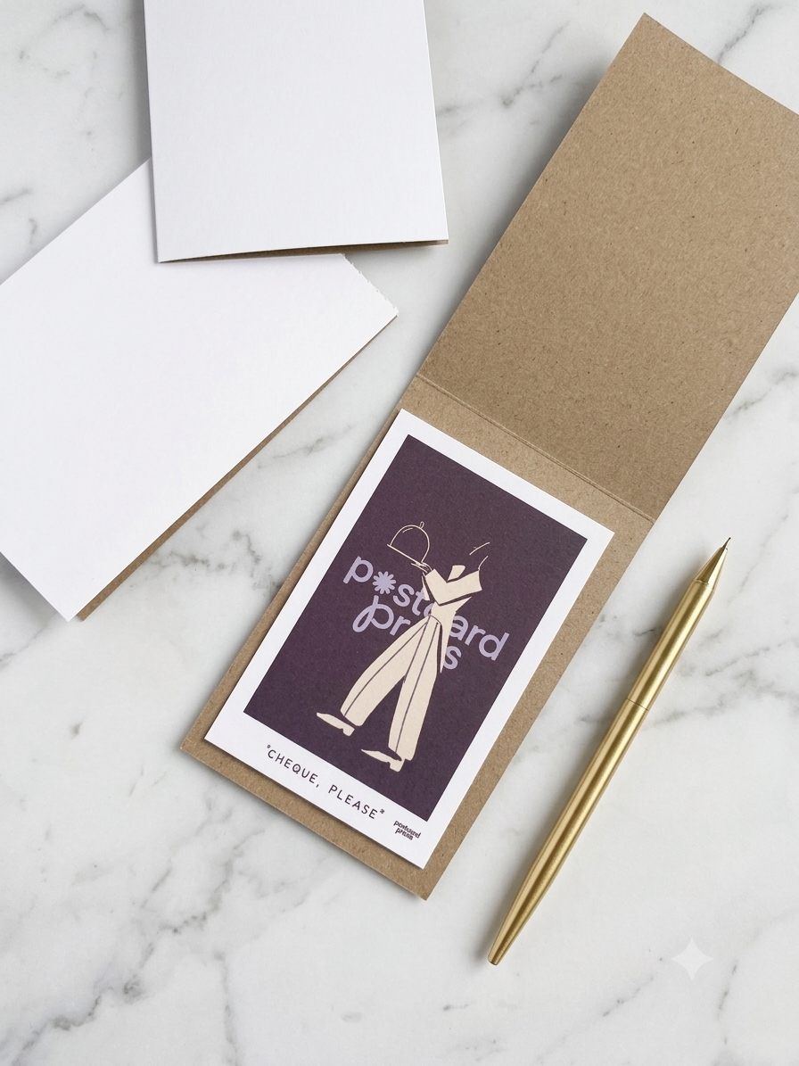A brown greeting card holder with a Postcard printed card on a white marble surface, along with white and brown envelopes and a gold pen.