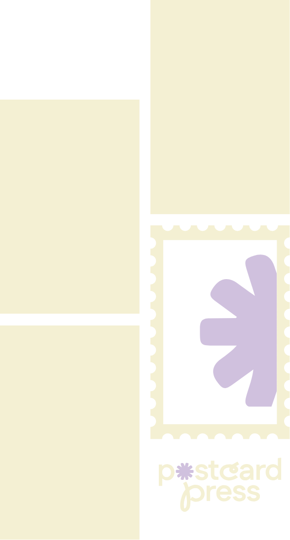 A logo with the words "postcard press" underneath a stamp-like design featuring a lavender asterisk symbol on a black background.