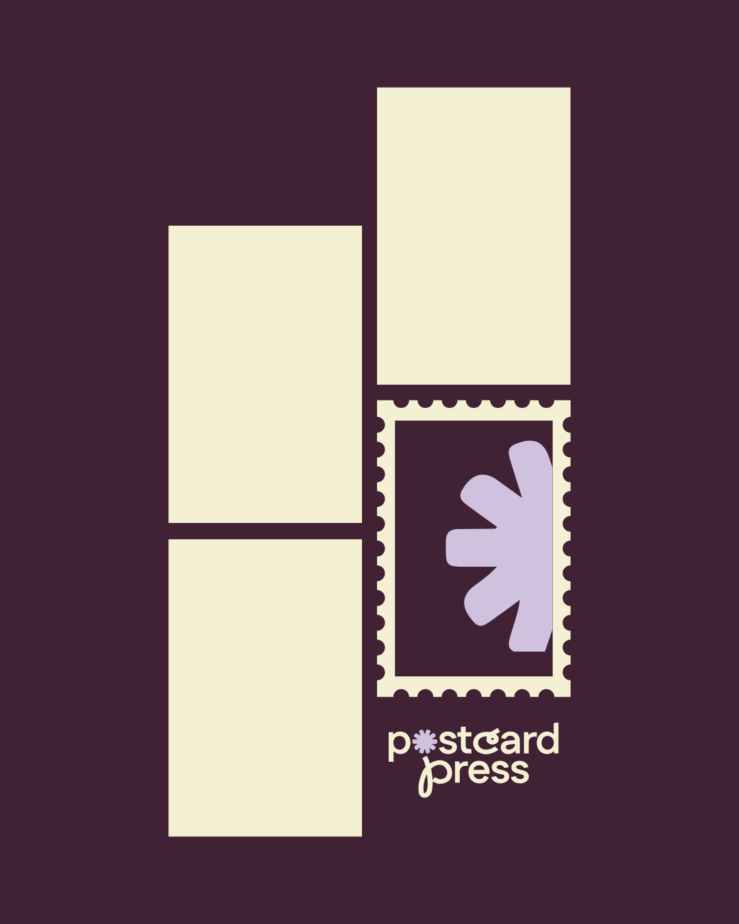 Postcard press logo with a purple flower stamp and purple flower graphic, surrounded by four beige postcard shapes on a dark background.