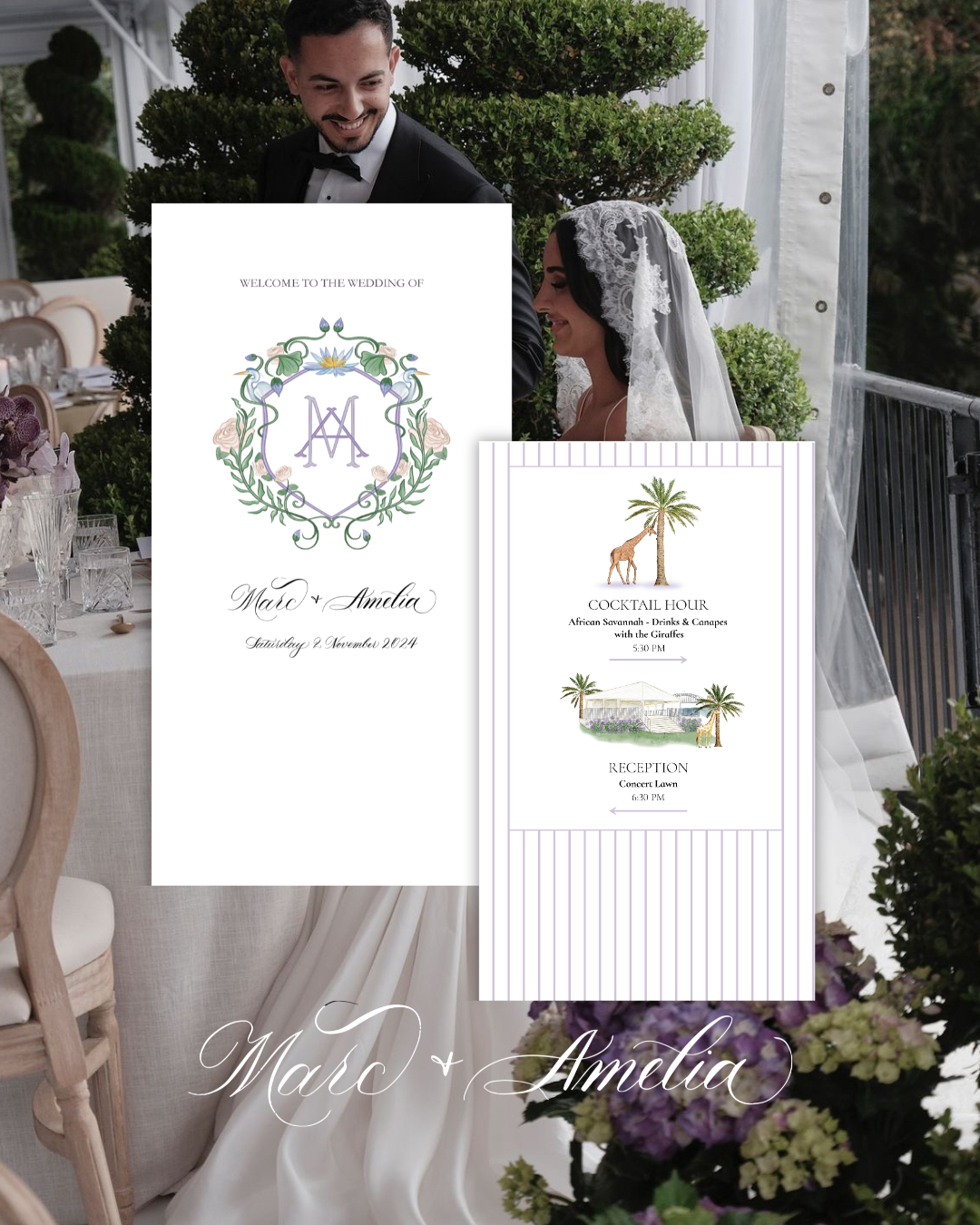 Wedding reception with two large decorative program signs held by a smiling groom and bride, surrounded by floral and greenery decorations, with tables set for the celebration.