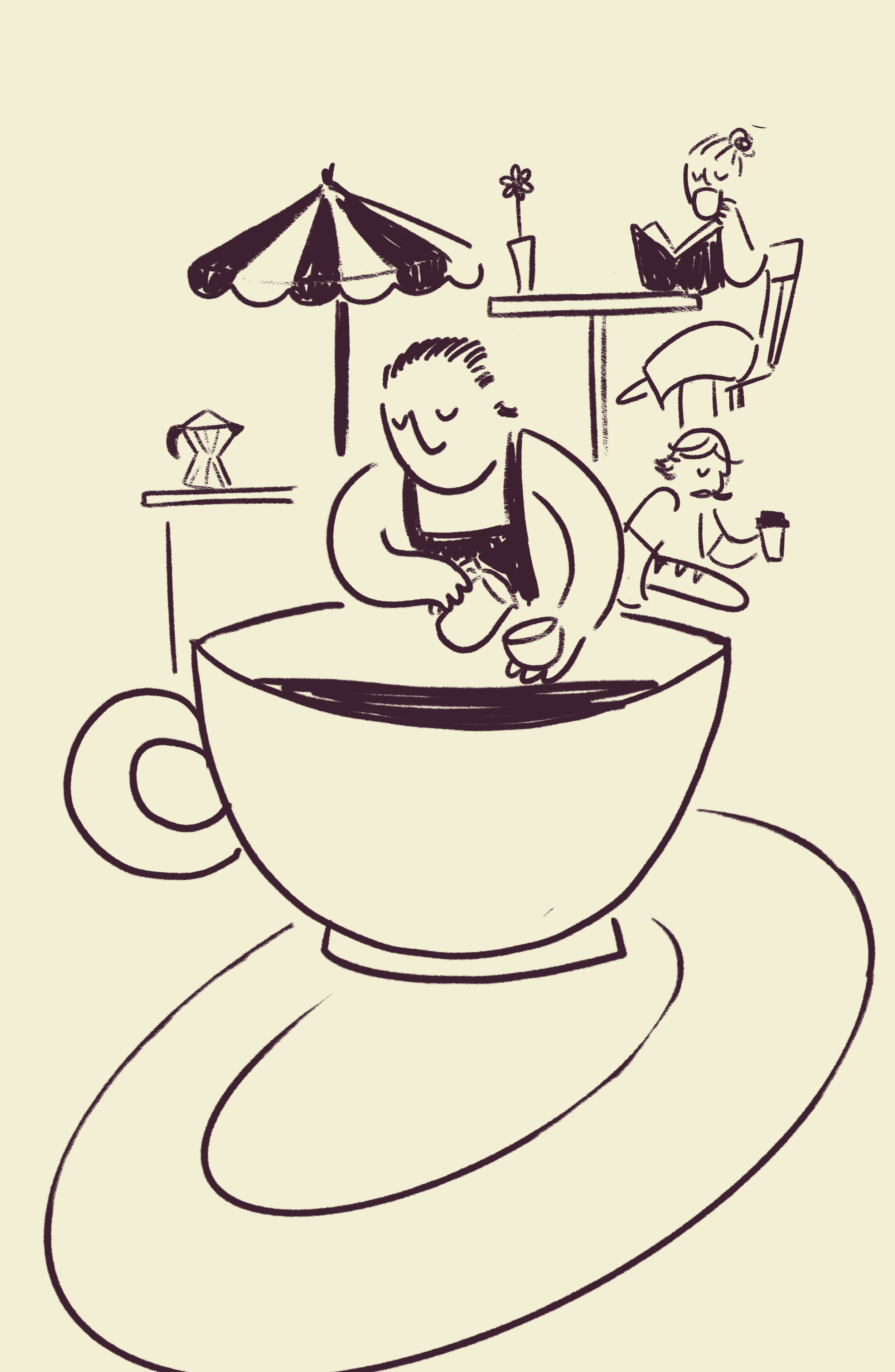 Line drawing of a woman sitting in a teacup with a large saucer, drinking from a mug, with two people in the background sitting at a table, one reading and the other holding a drink, and an umbrella providing shade.