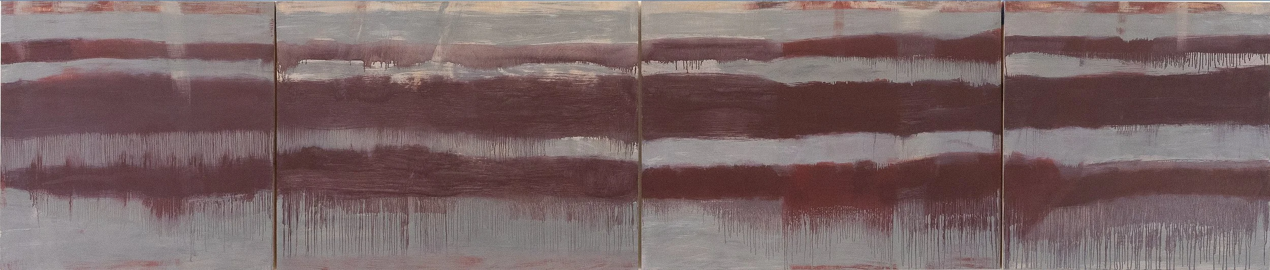Longing for Red (2021), Oil on Wood, Quadriptych, 30" x 140"