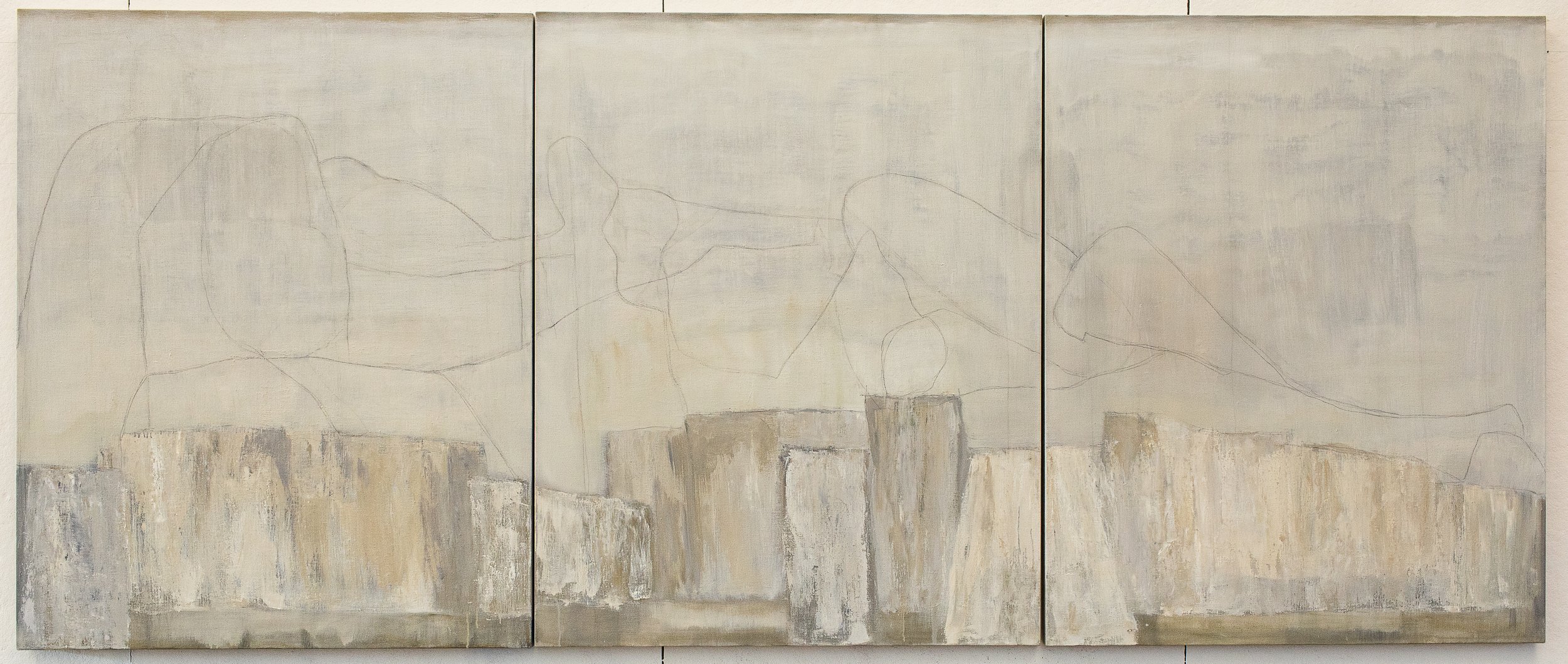 Drawing a Line (2025), Oil on Linen, Triptych, 50” x 120”