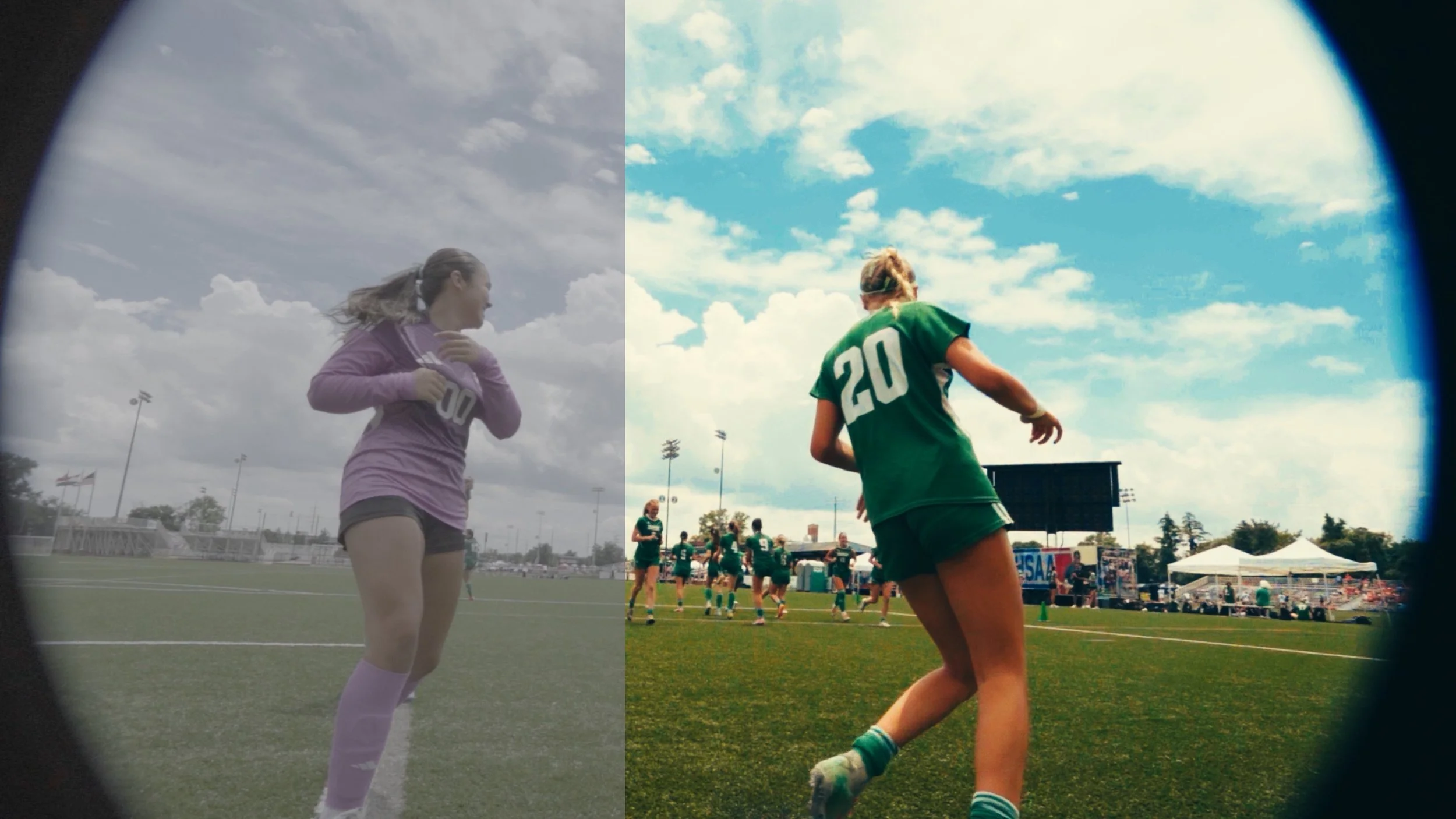A photo of two female soccer players on a field, taken through a pair of binoculars. The player on the left wears a purple jersey with the number 10, and the player on the right wears a green jersey with the number 20, with a crowd and other players visible in the background.