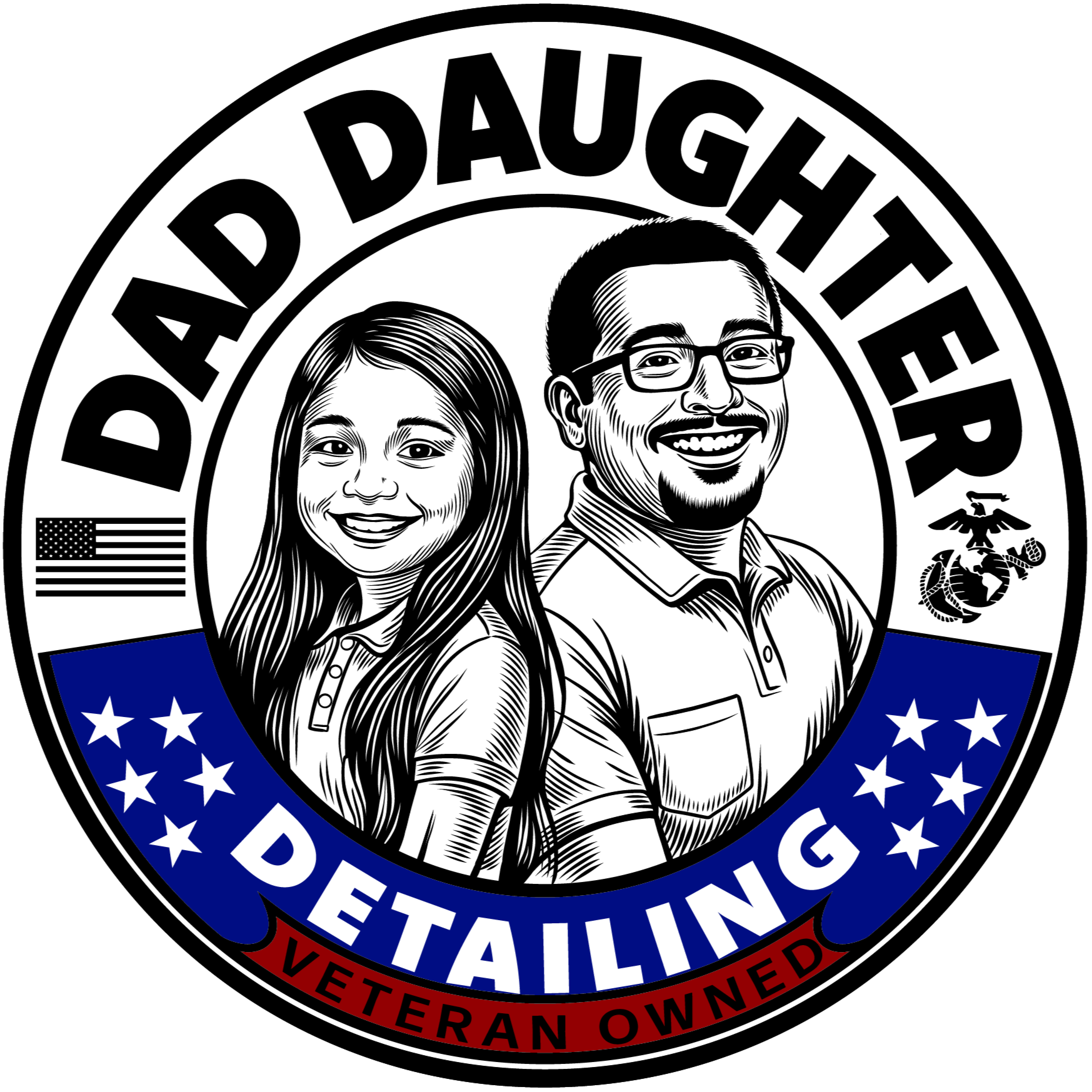 A circular badge with a black and white illustration of a man and woman at the center. The outer ring contains the words 'VETERAN OWNED' and 'RETIRED' in red, with a blue section featuring white stars and American flags.