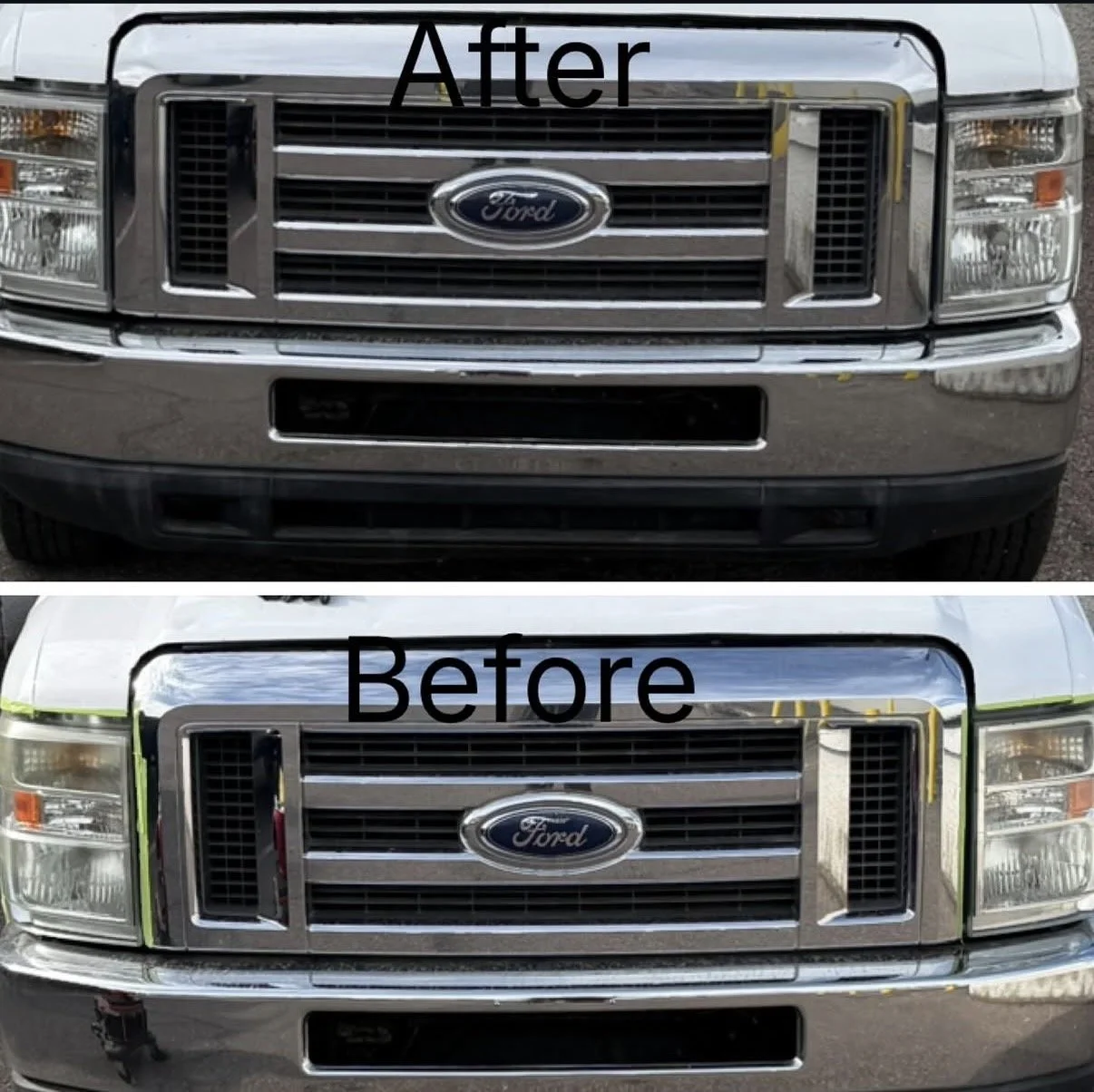 Comparison of a front view of a Ford vehicle with the labels 'Before' and 'After'; the 'Before' image shows the grille framed with yellow painter's tape, while the 'After' image shows the grille repainted in a darker color with a gloss finish.
