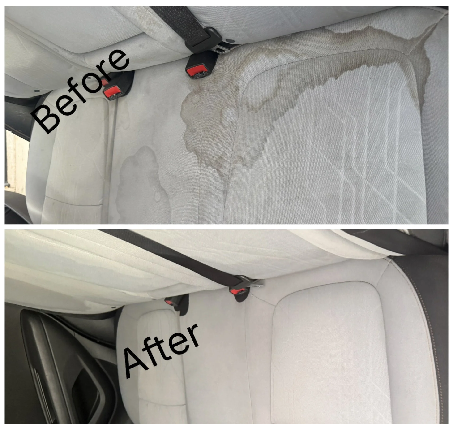 Comparison of car seats showing stained and clean areas, with the words 'Before' and 'After' overlaid.