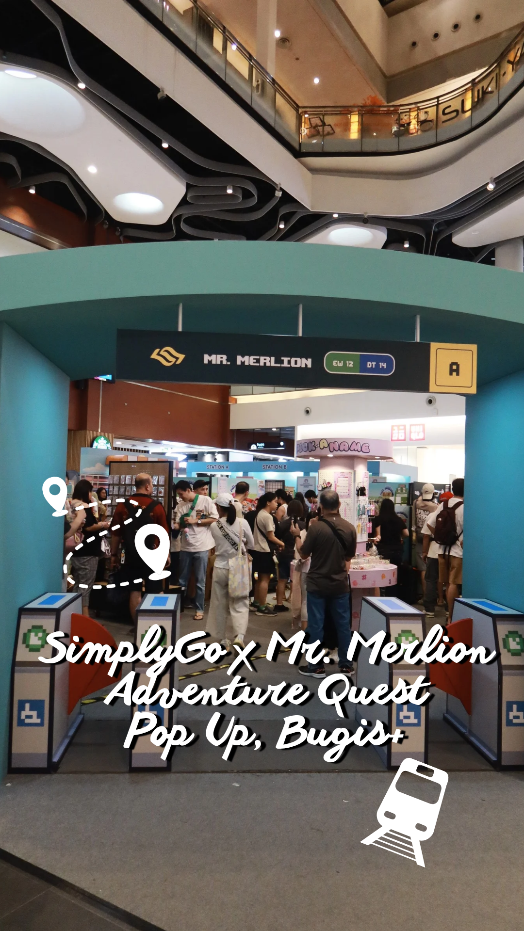 People queuing at the entrance of SimplyGo x Mr. Merlion Adventure Quest Pop Up in a shopping mall.