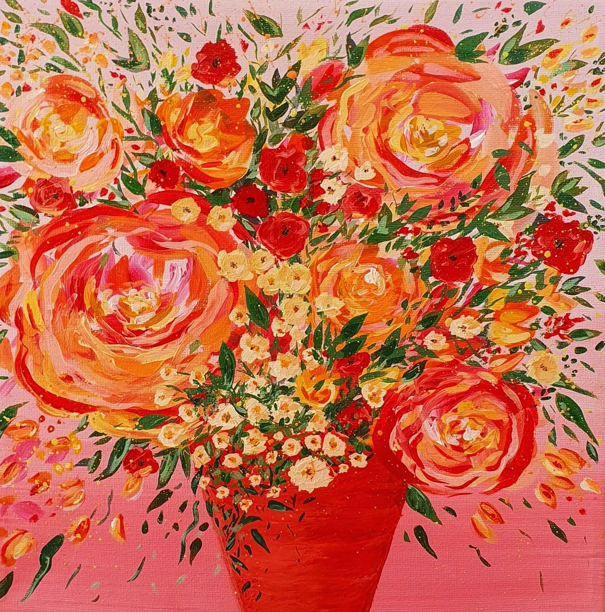A vibrant floral painting with a pink background featuring large orange and pink roses surrounded by smaller white, red, yellow, and orange flowers and green leaves.