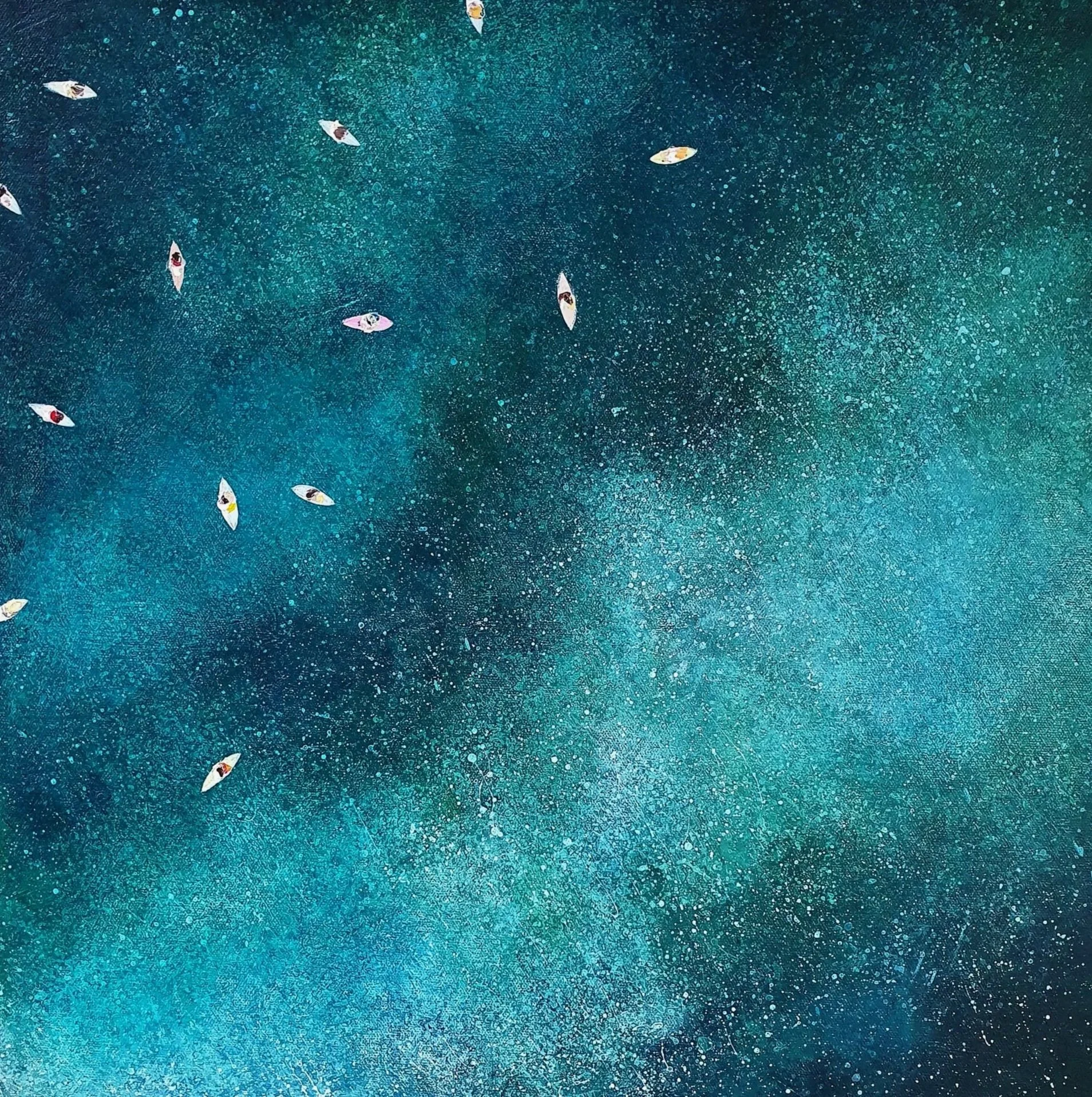 Birds eye view of a calm ocean with surfers waiting for the next wave. This painting is one of Alice Chapman's seascapes.
