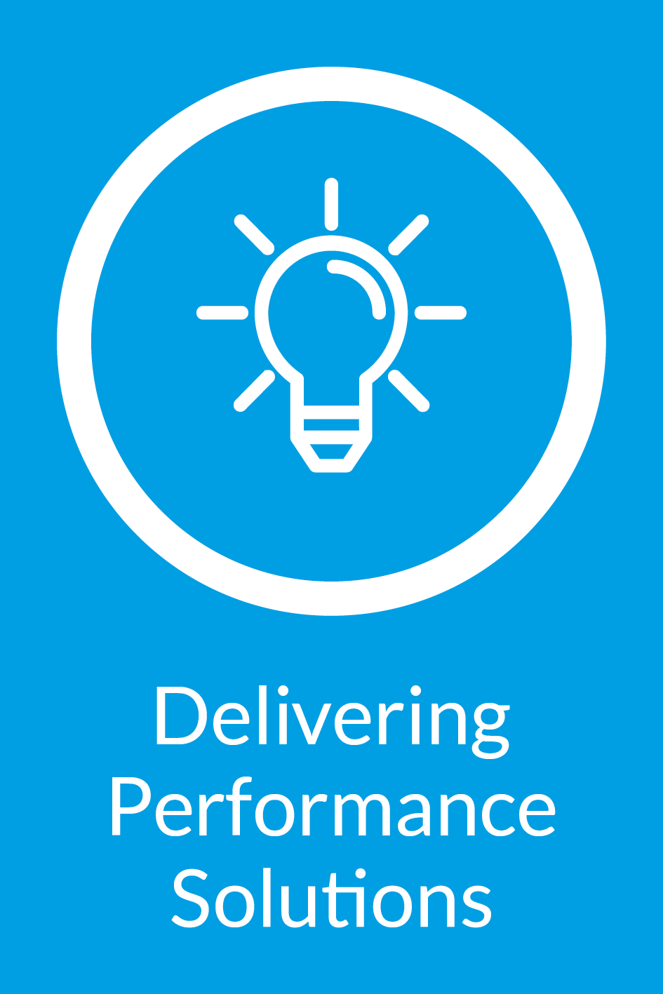 Blue background with a white outline of a light bulb surrounded by rays, and the text 'Delivering Performance Solutions' below.