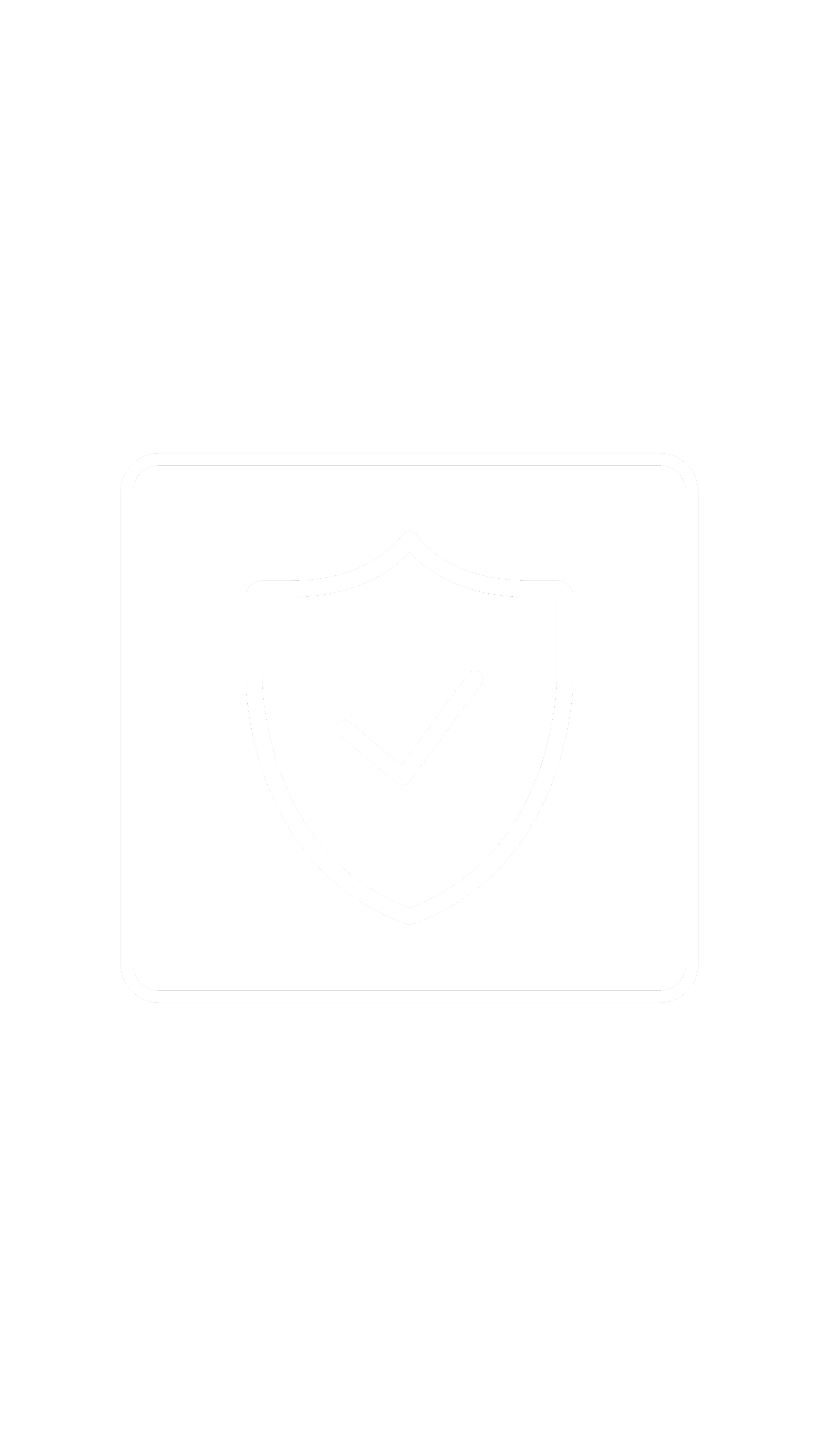 A white outline icon of a shield with a checkmark inside it on a black background, representing security or protection.