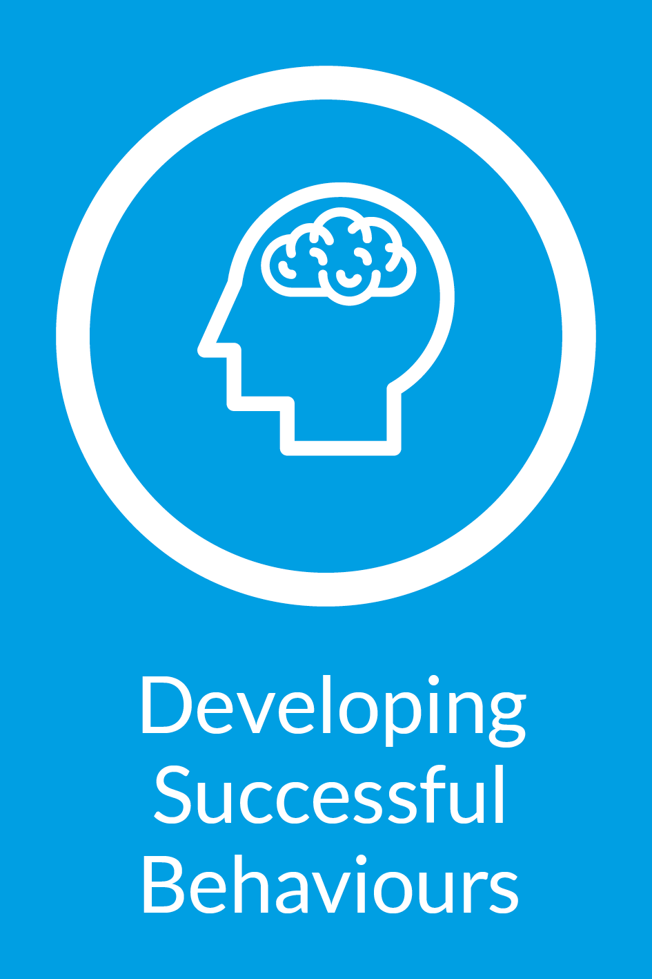 Blue background with a white outline of a human head with a smiling brain inside and the text 'Developing Successful Behaviours' below.