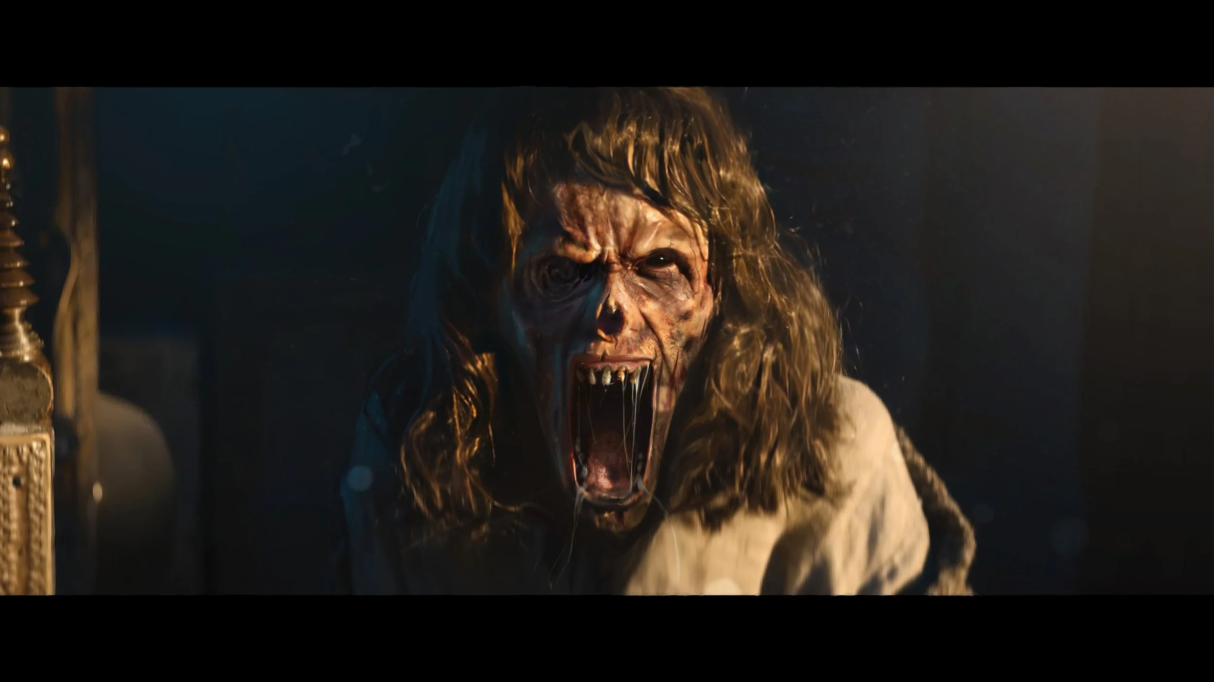 A horror character with a distorted, zombie-like face, open mouth showing teeth, long disheveled hair, and dark eyes, appearing to scream or growl in a dimly lit environment for the movie Baghead